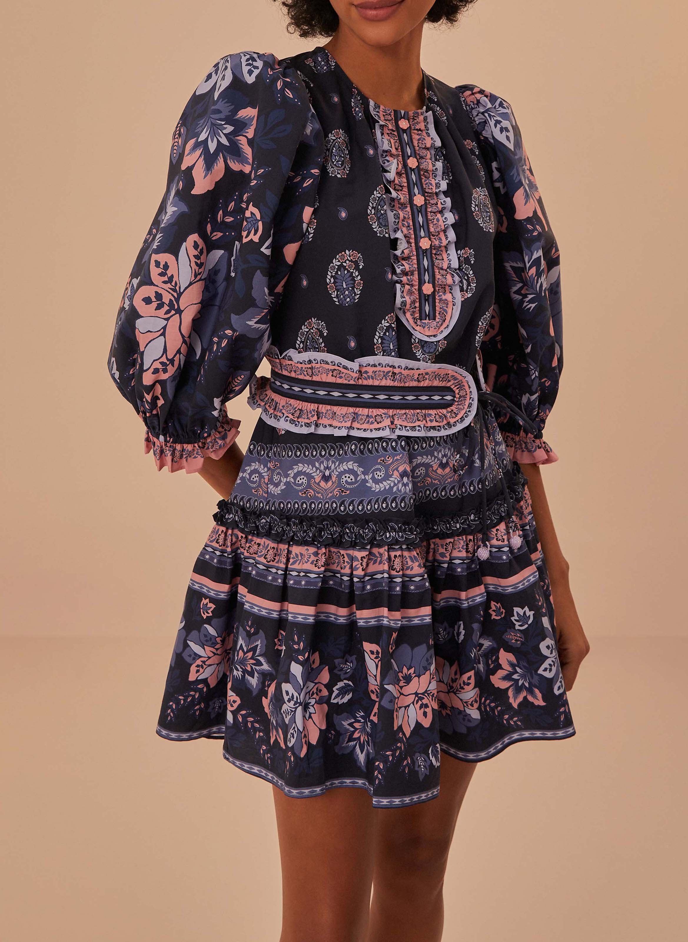 Short printed cotton dress FARM RIO Blue