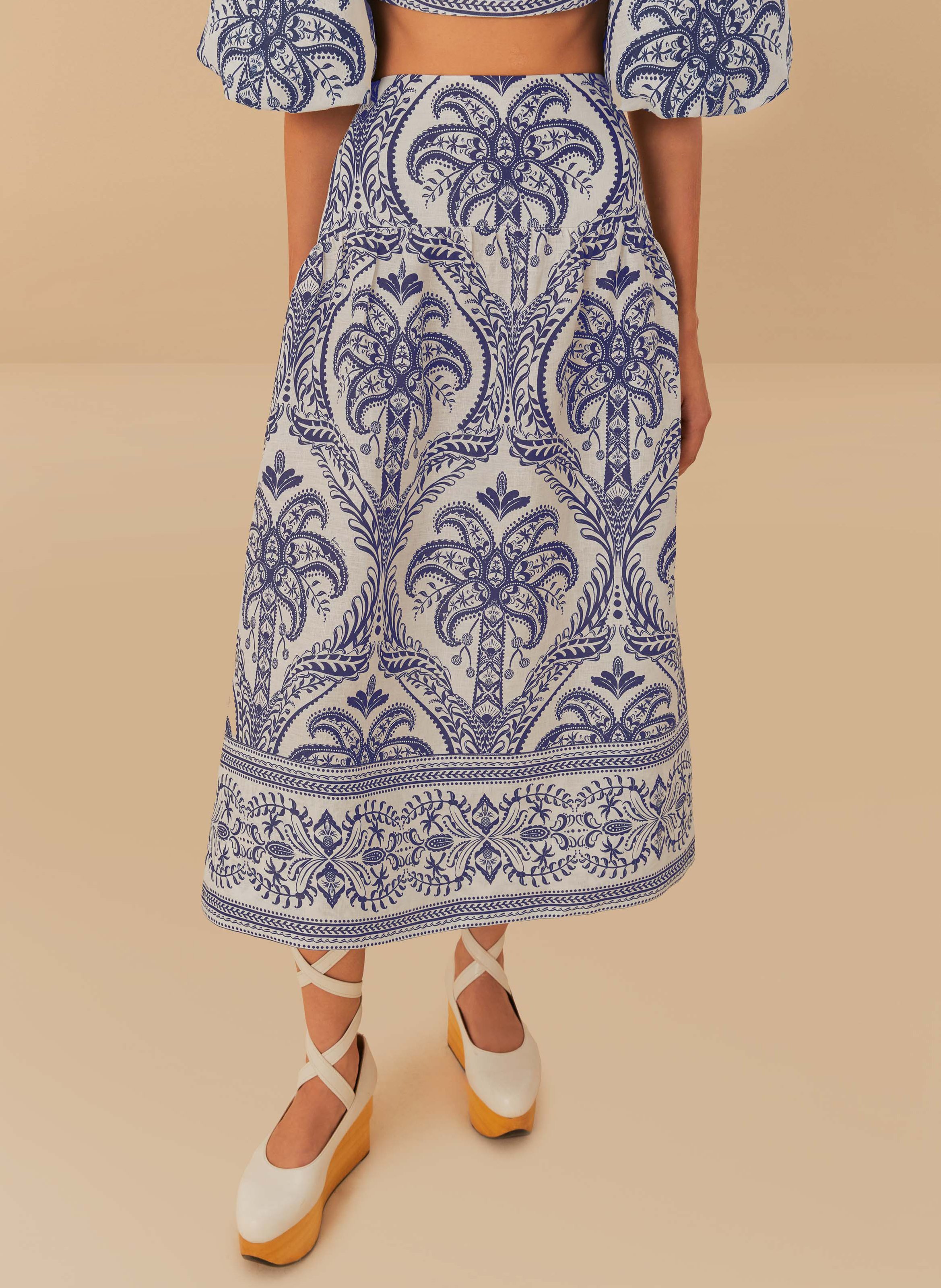 Printed linen midi skirt FARM RIO Blue