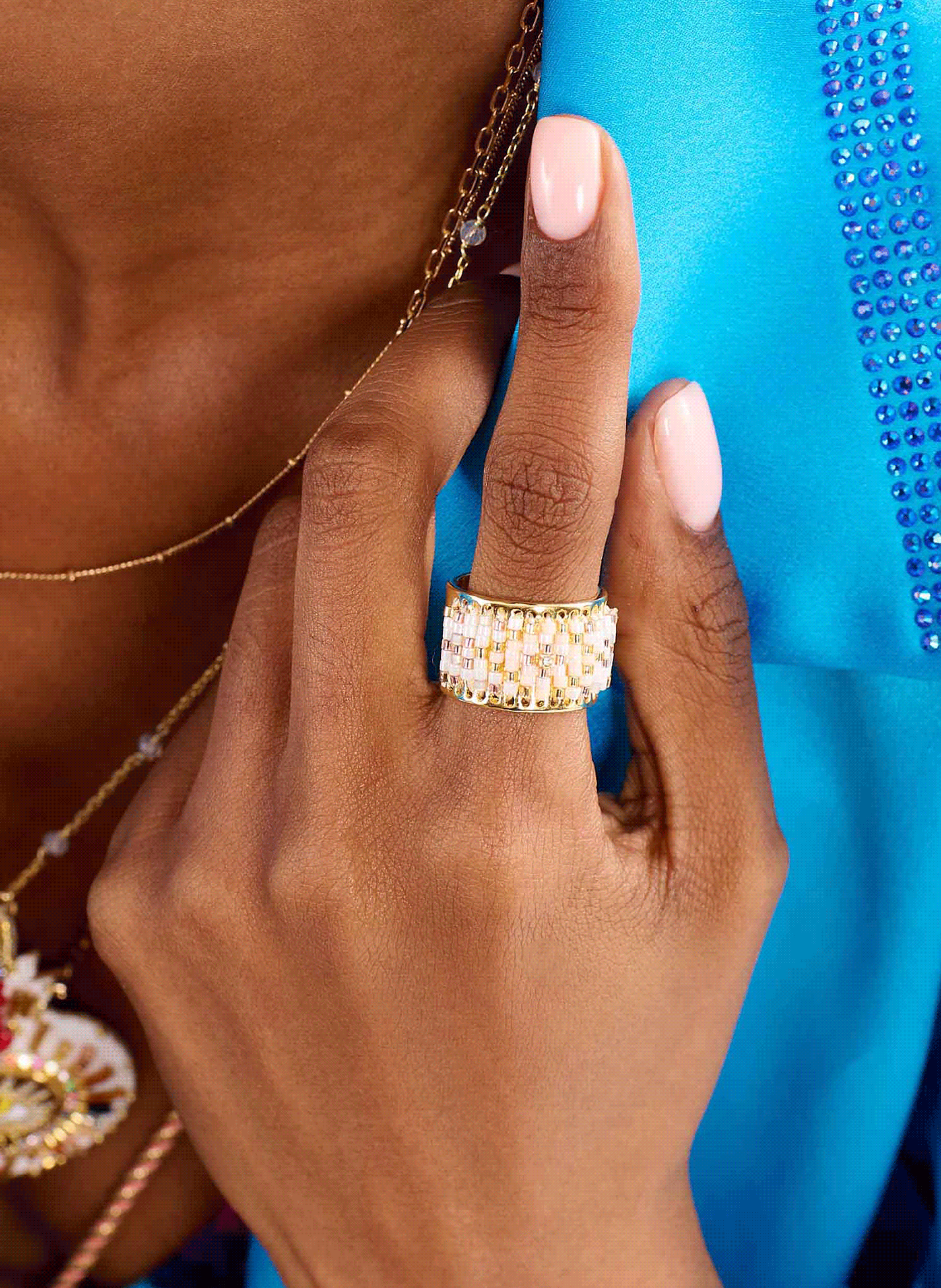 Adjustable ring with woven beads HIPANEMA White