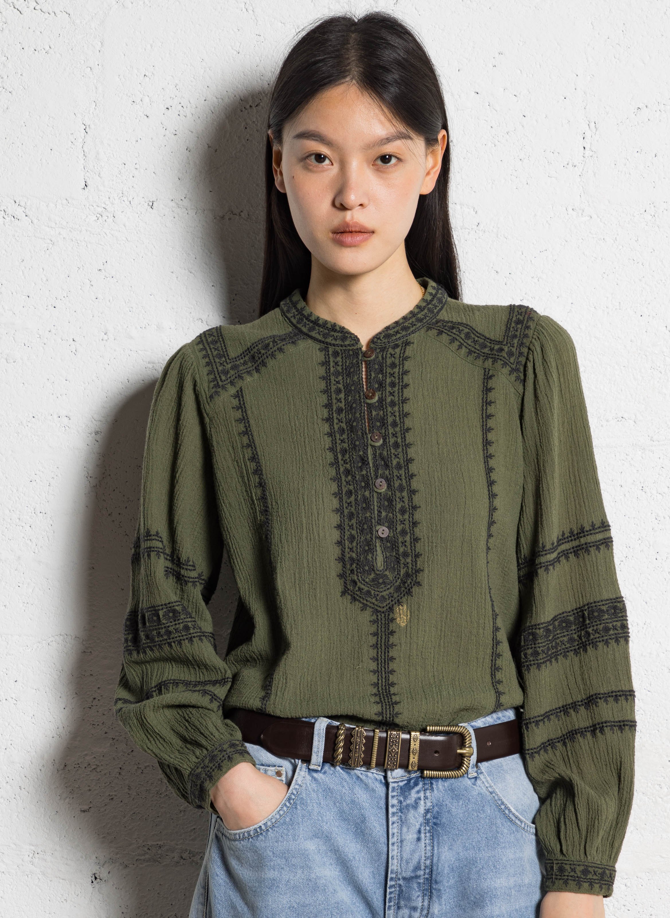 Round neck blouse with embroidered details MAISON HOTEL Green