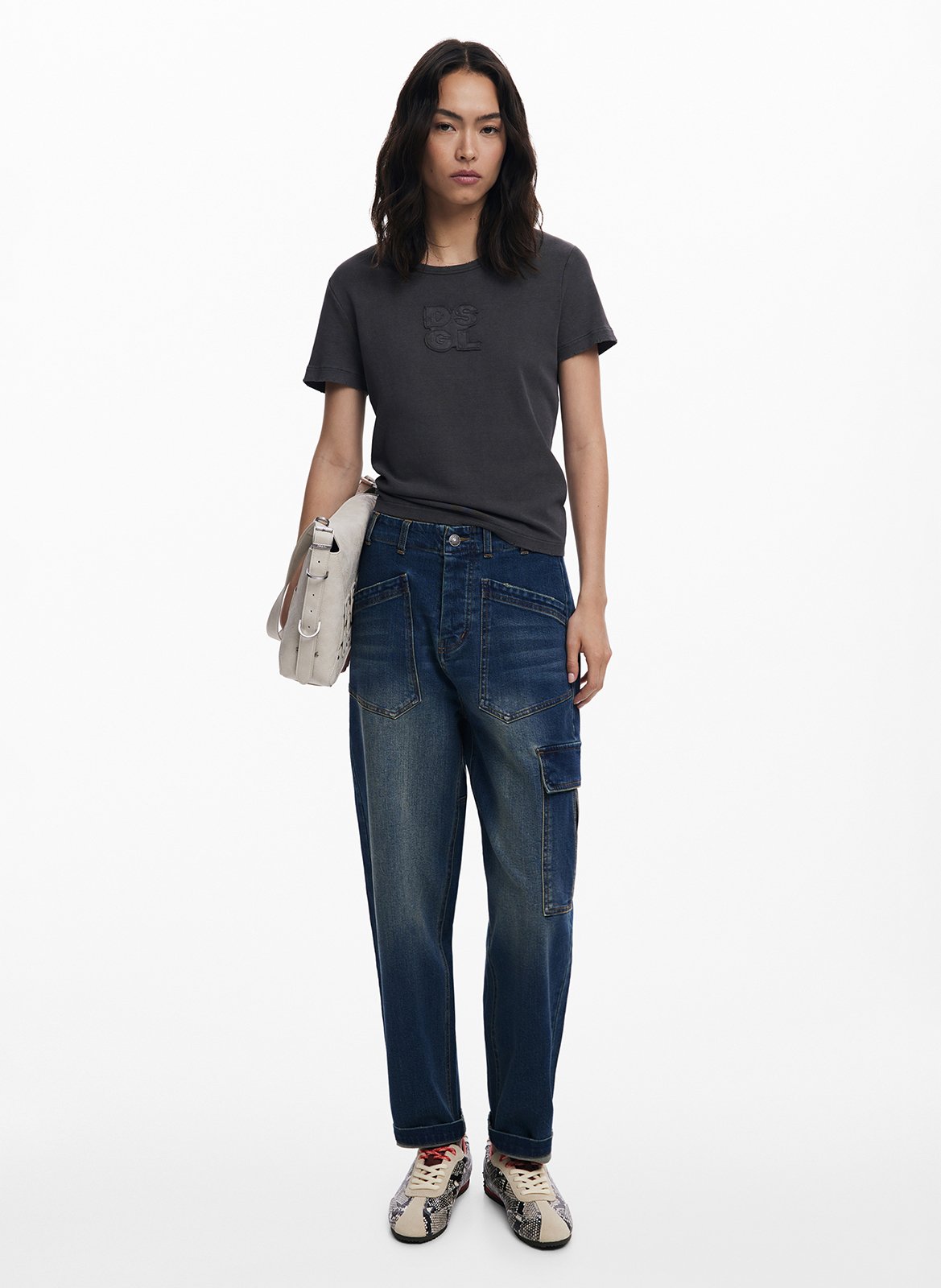 Tee-shirt col rond en coton mélangé DESIGUAL Noir