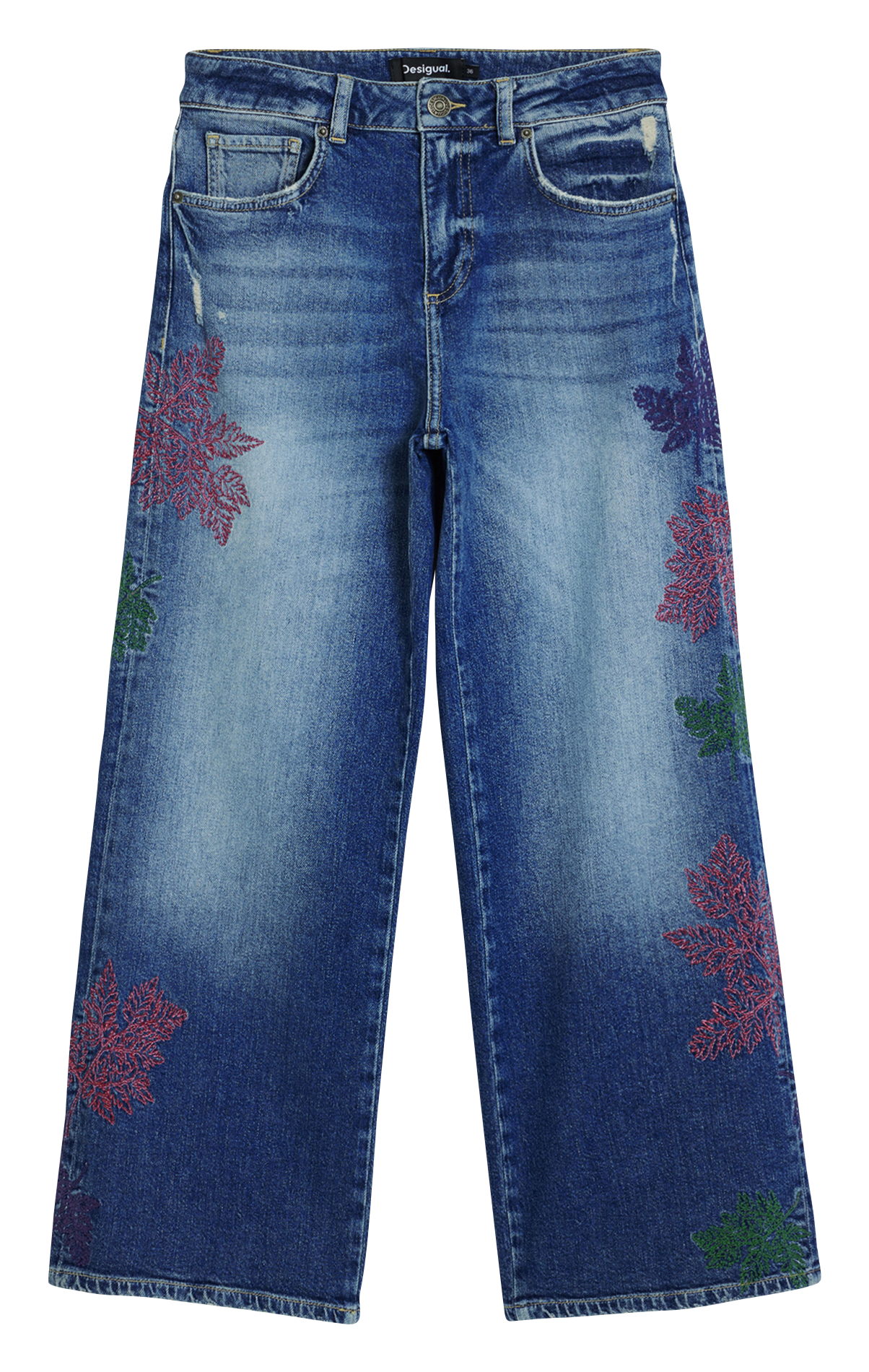 Jean cropped large uni à broderies DESIGUAL Bleu