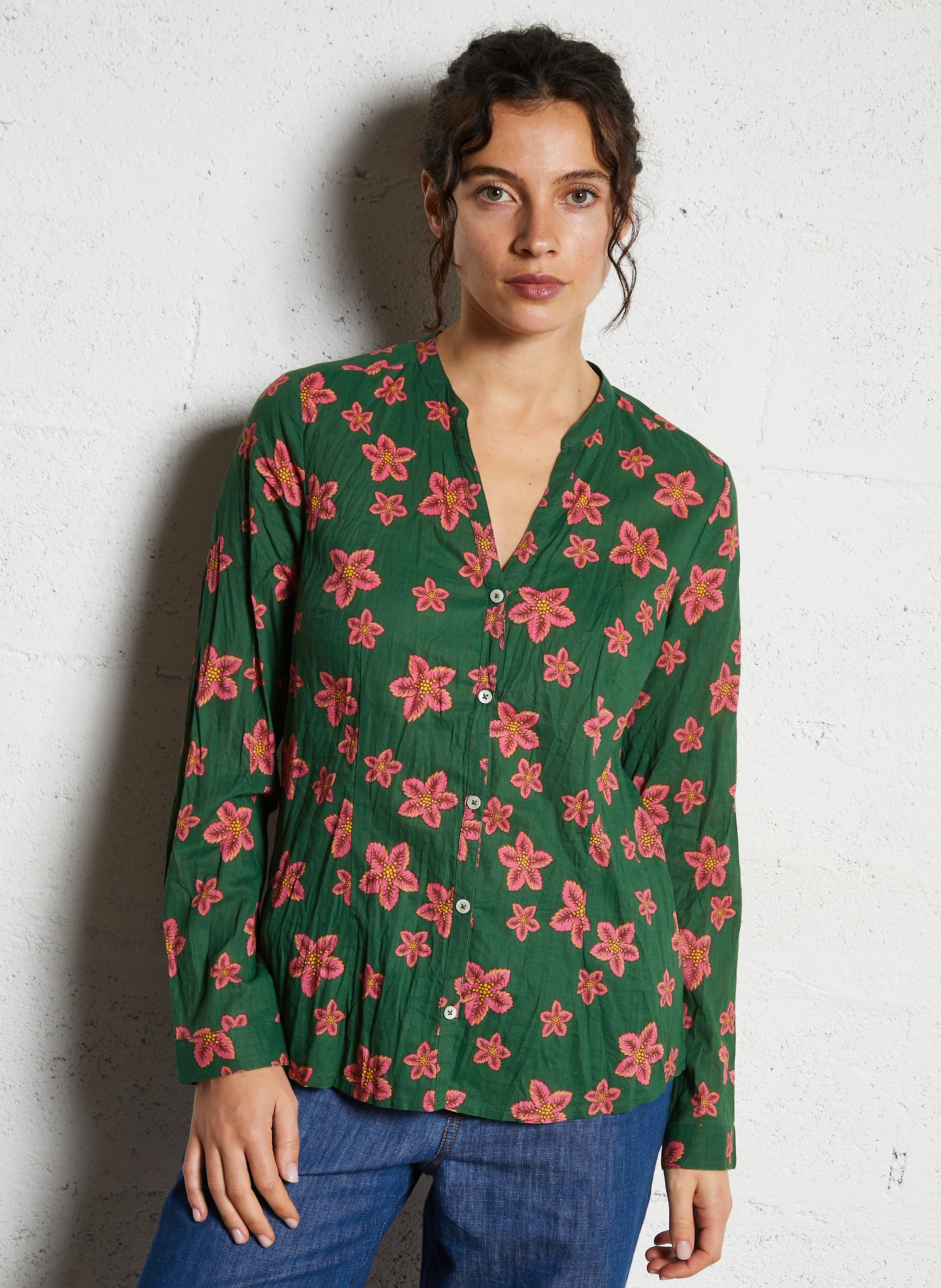 Chemise fleurie col tunisien en coton NICE THINGS Vert