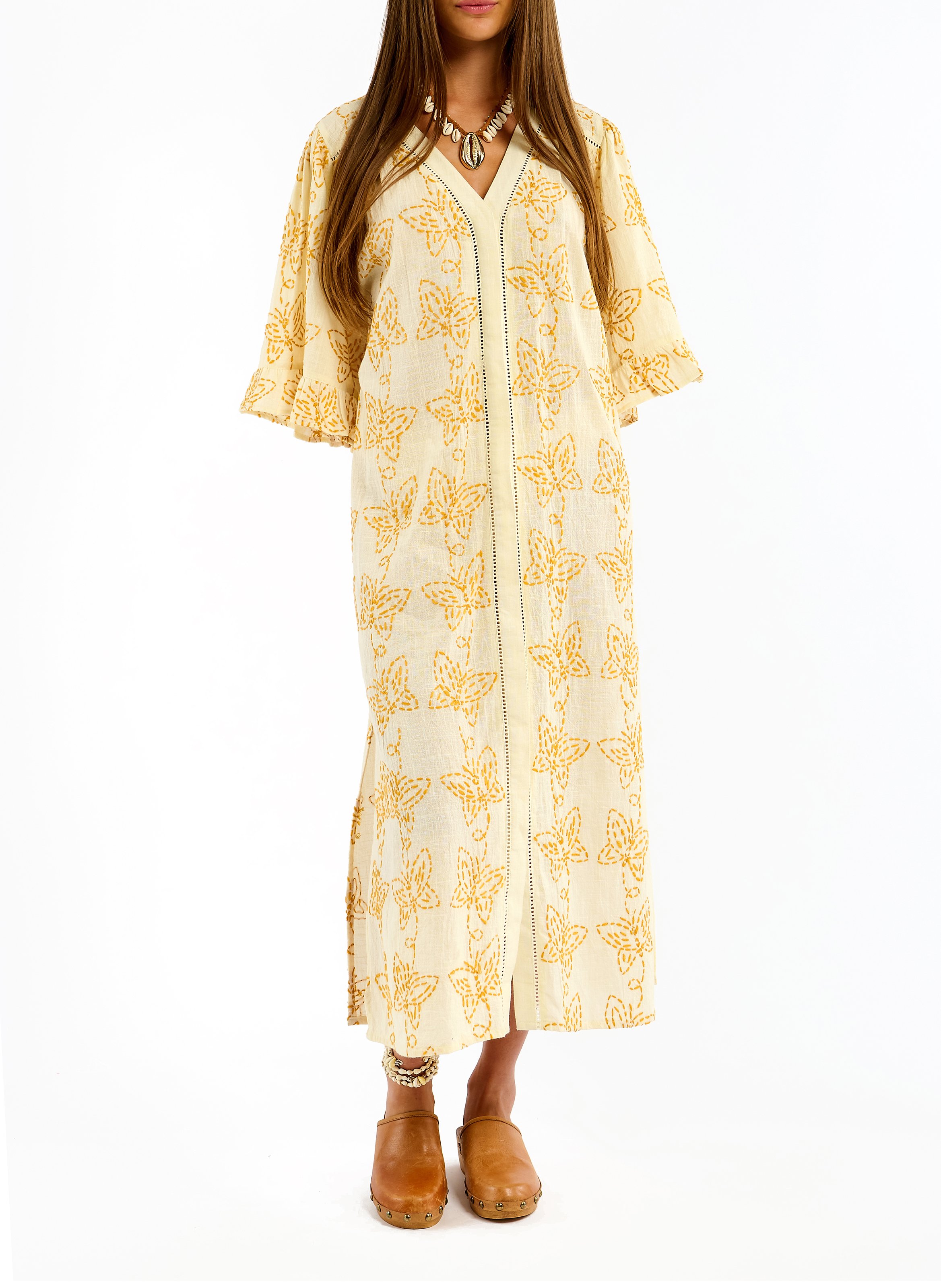 Long embroidered V-neck dress WILD Beige