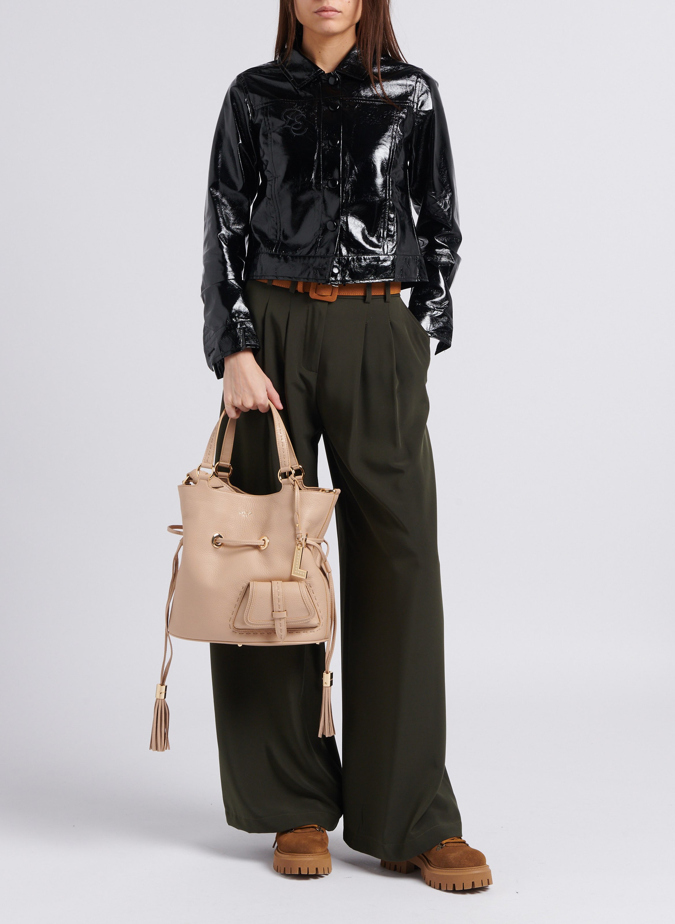 Grained leather bucket bag LANCEL Beige