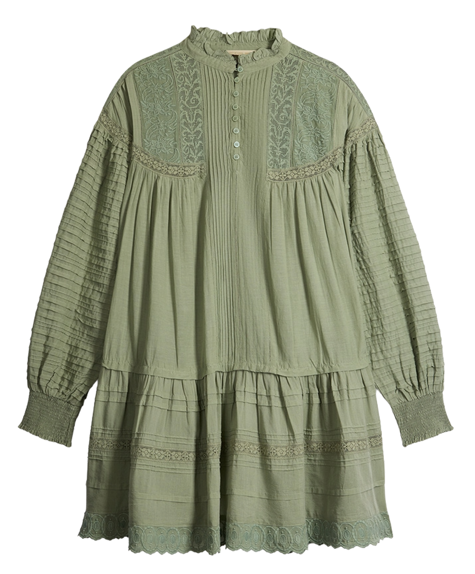 Robe courte trapèze brodée en coton mélangé Vert