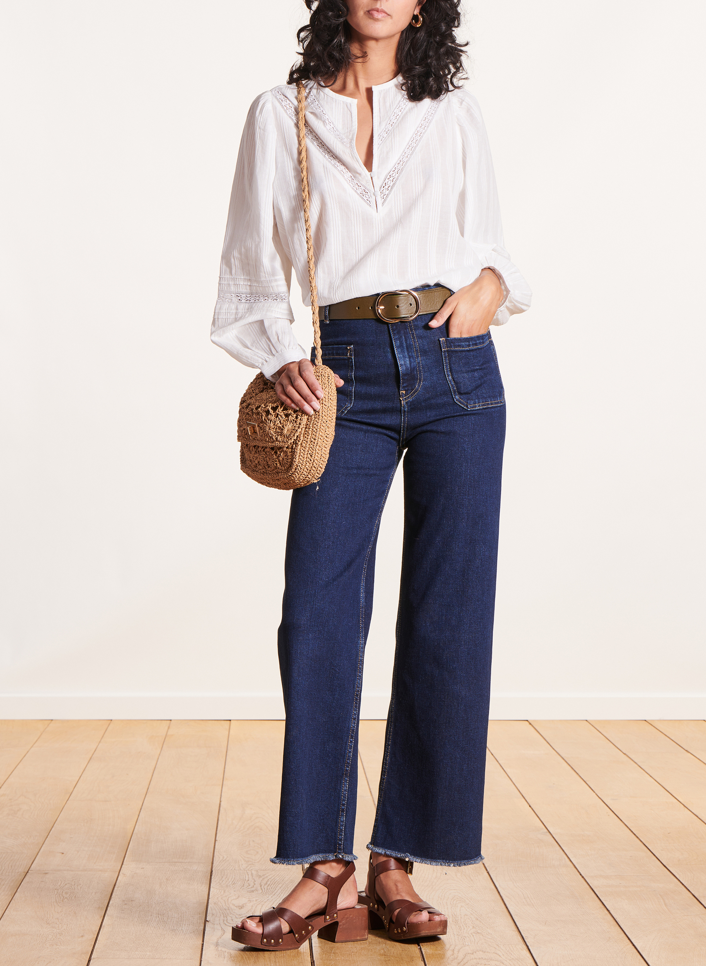 Jean droit taille haute en coton biologique mélangé LA FEE MARABOUTEE Bleu