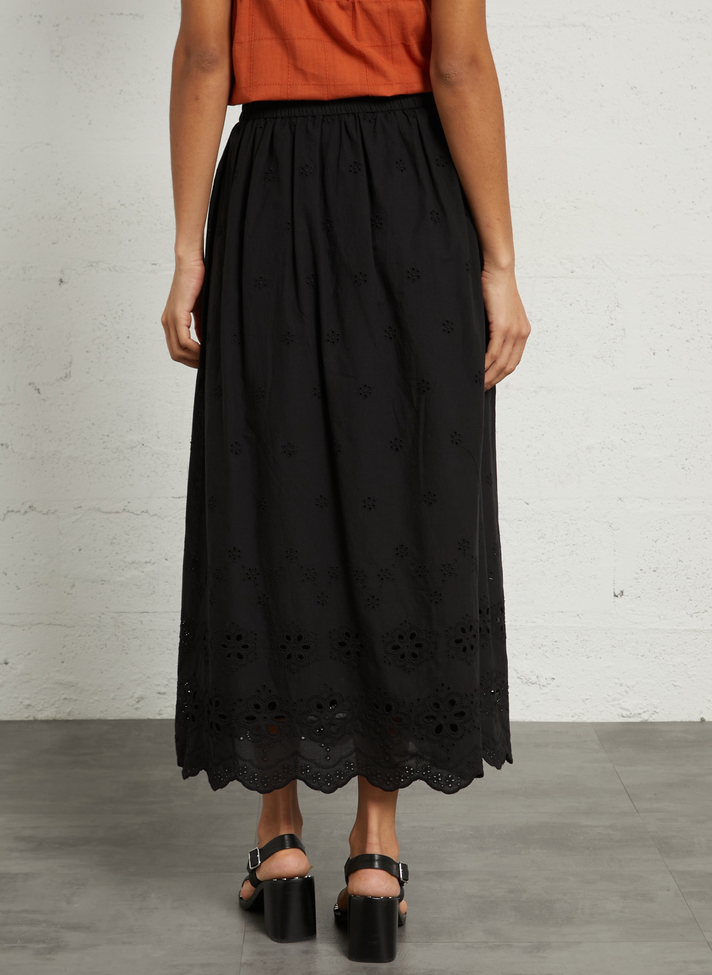 Jupe midi en coton brodé SEE U SOON Noir