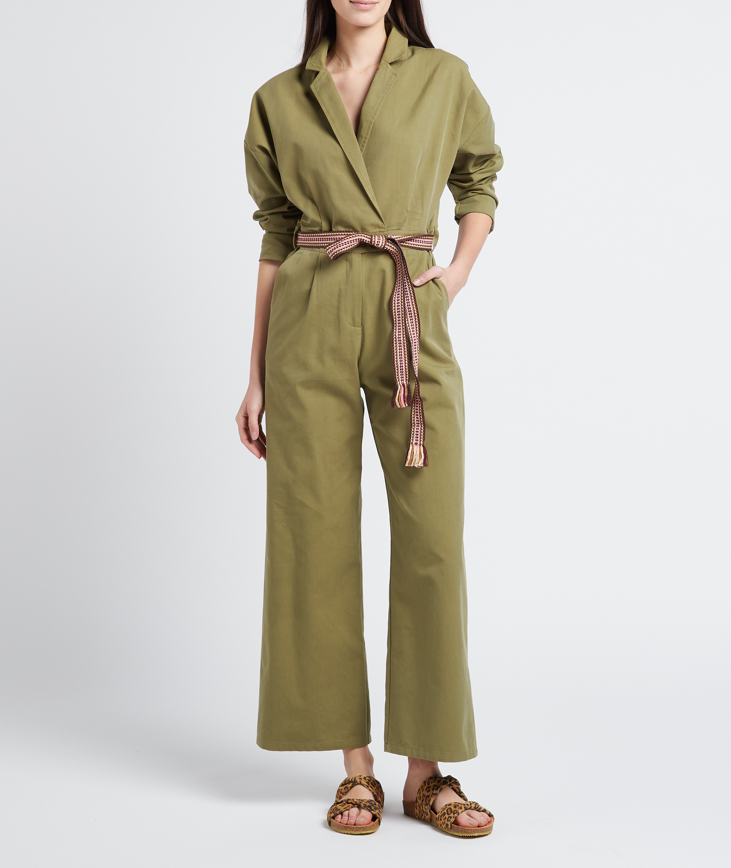 Cotton-blend belted jumpsuit with tailored collar LA PETITE ETOILE Khaki