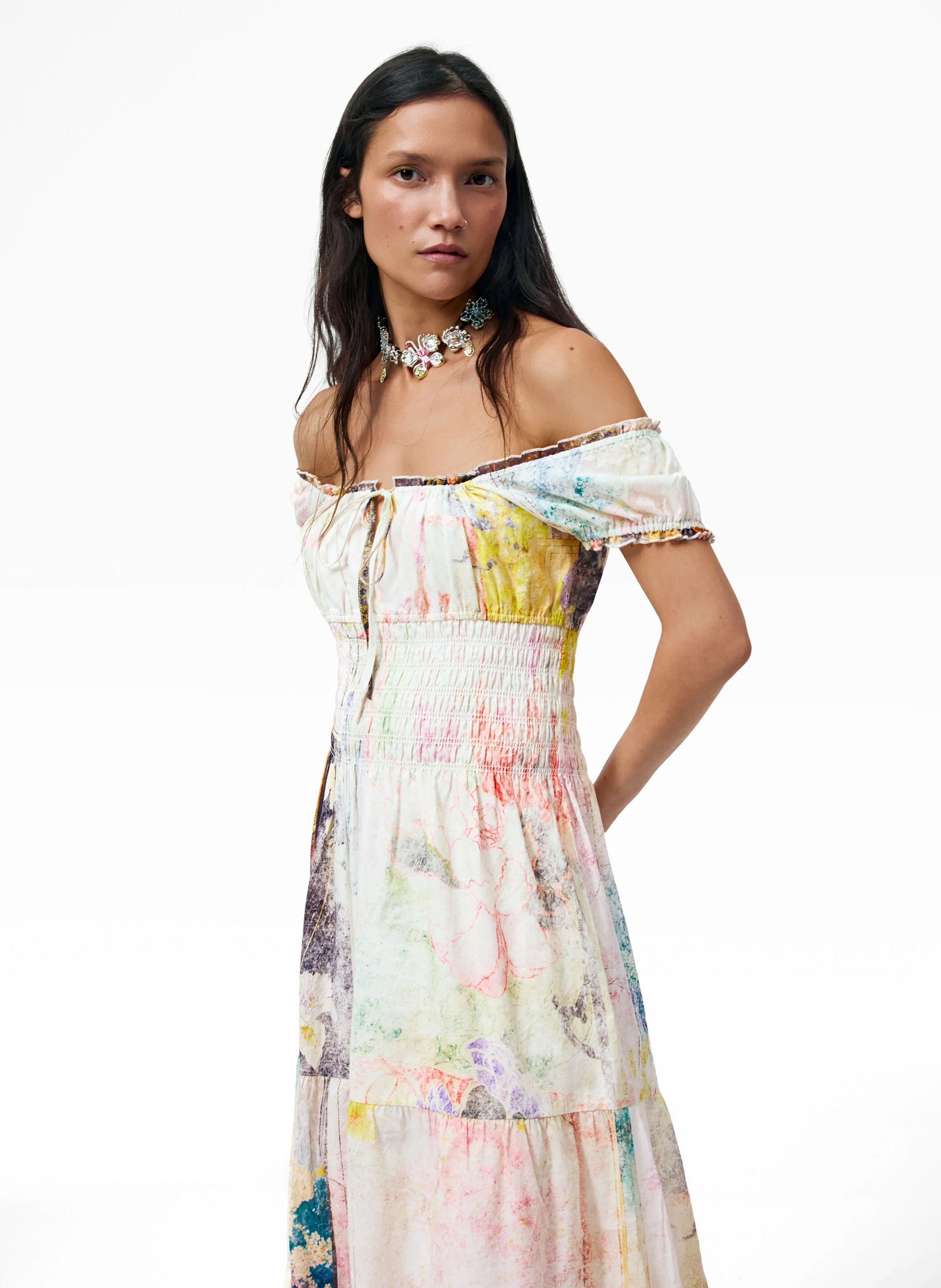 Robe longue col carré en coton DESIGUAL Multicolore