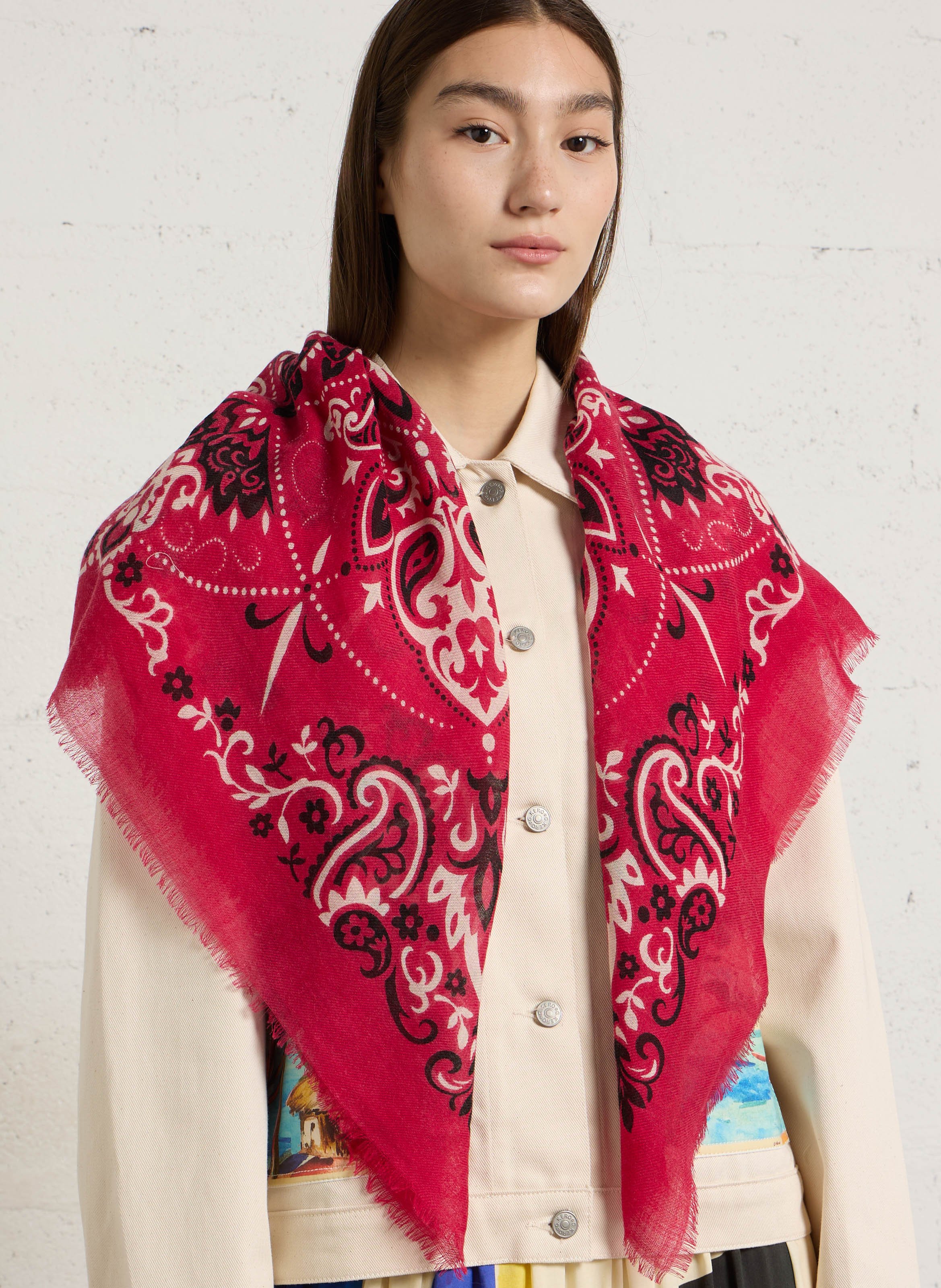 Haddock wool and silk printed scarf MAISON LECOMTE FLAMENT Red