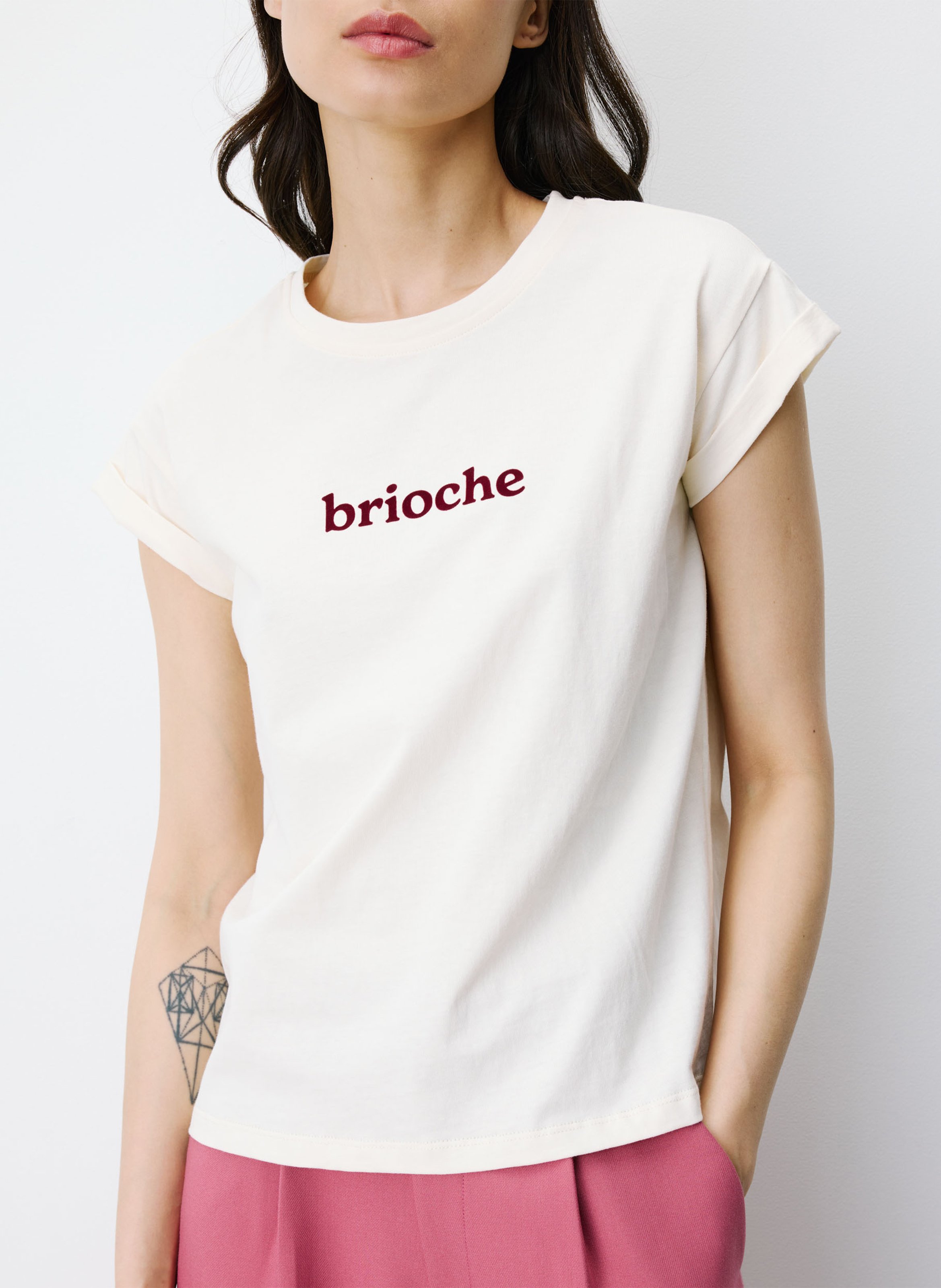 Teeèshirt droit col rond en ccoton sérigraphié GRACE ET MILA Beige
