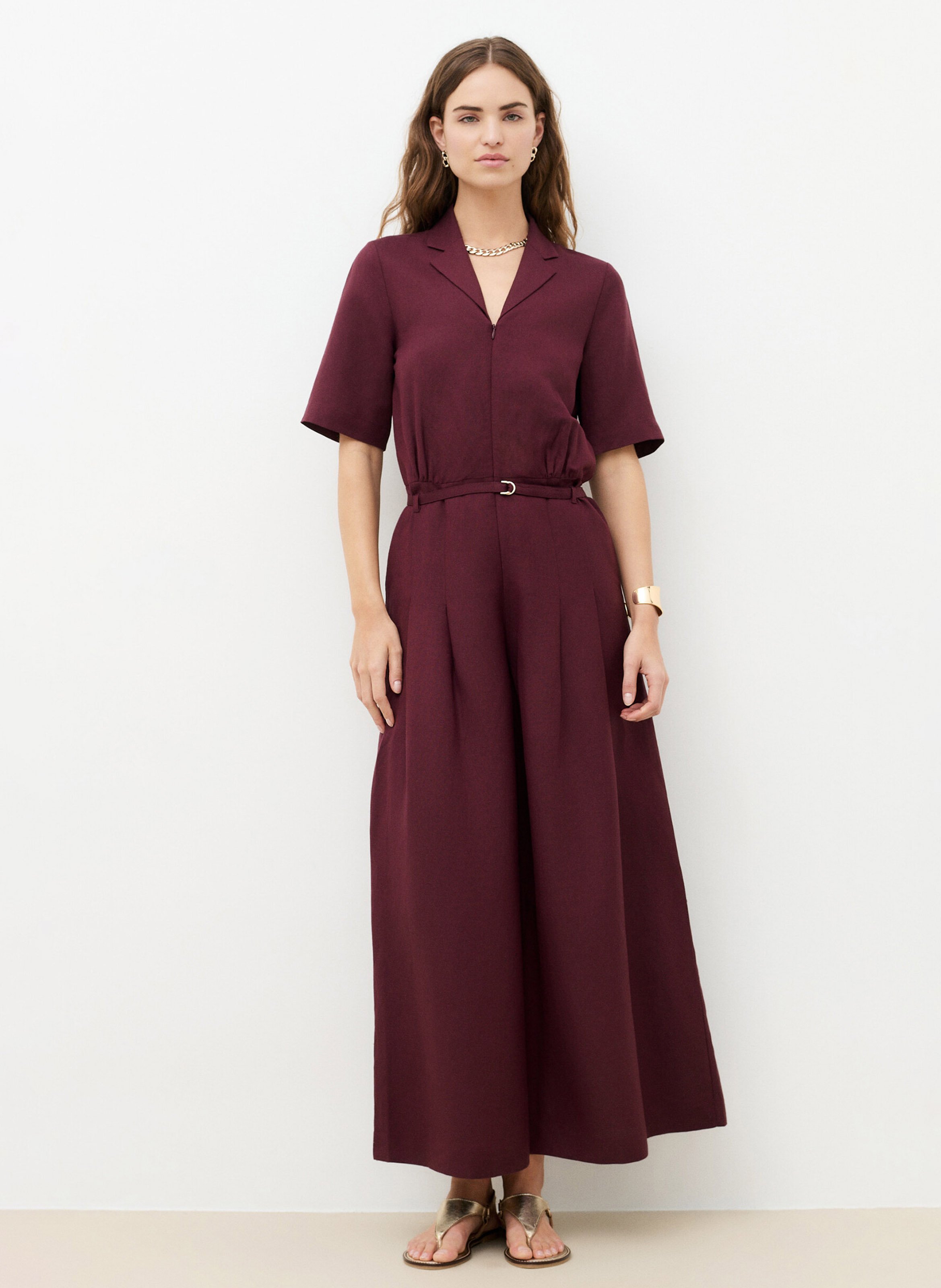 Wide-leg linen-blend jumpsuit CAROLL Purple