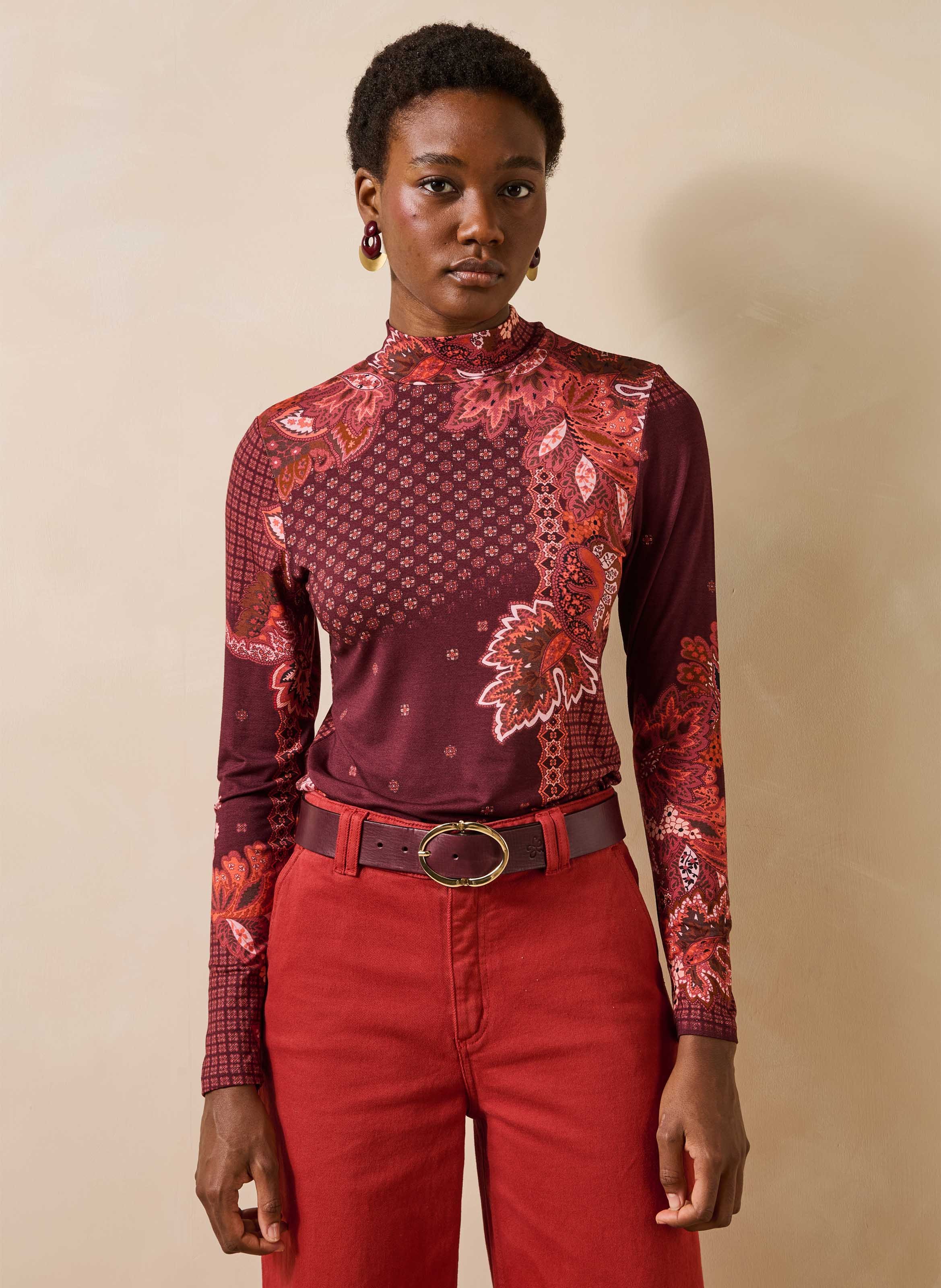 T-shirt manches longues imprimé col montant LA FEE MARABOUTEE Rouge