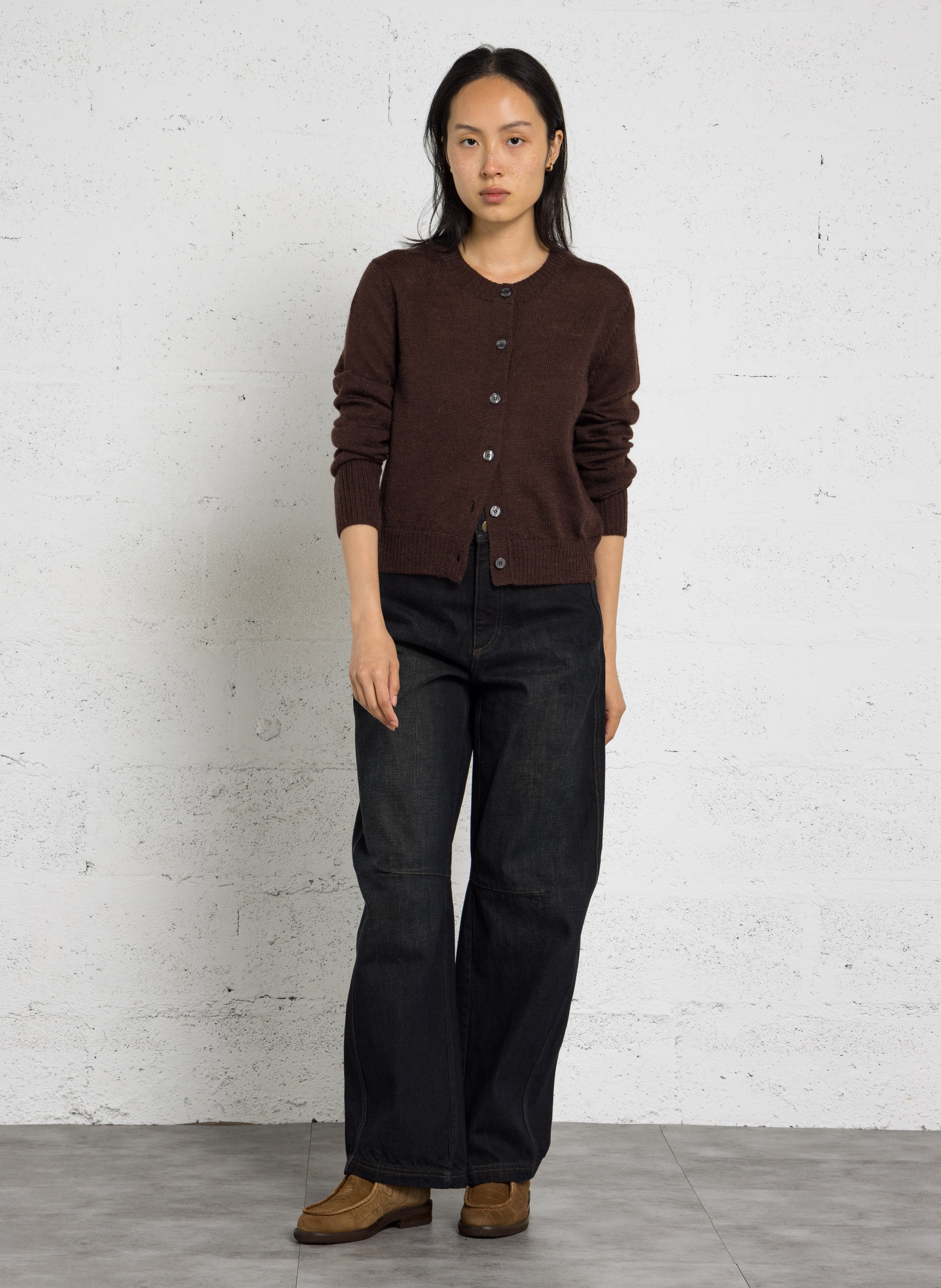 Gilet droit col rond en laine mérinos et alpaga SOEUR Marron
