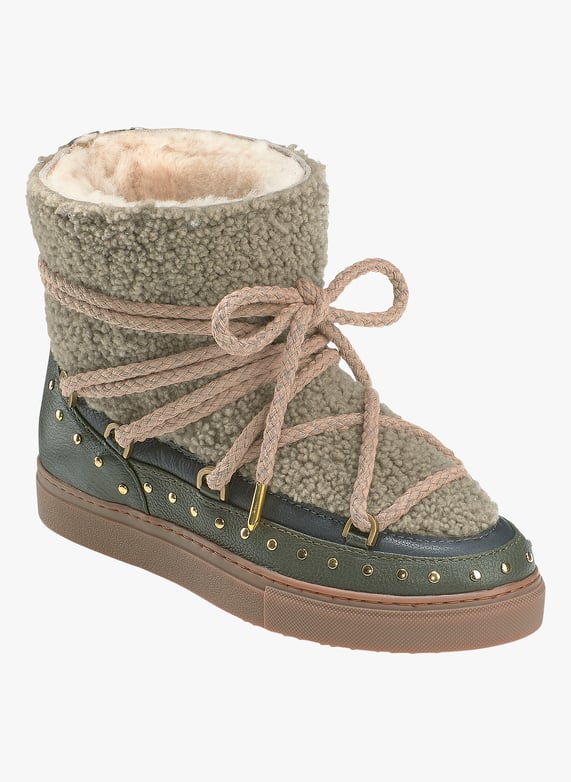 Studded dual-Material mid-Calf boots with furry lining Green