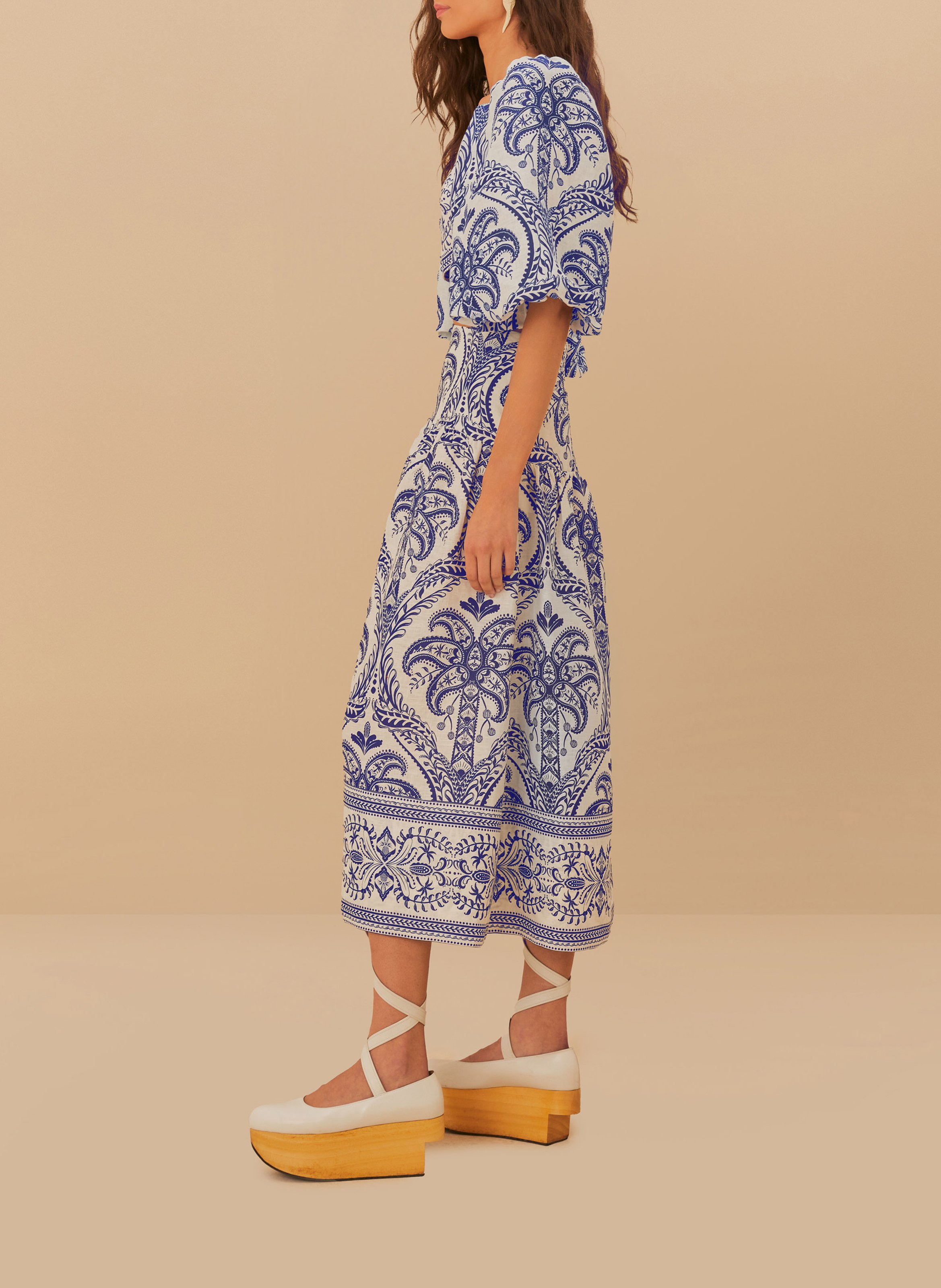 Printed linen midi skirt FARM RIO Blue