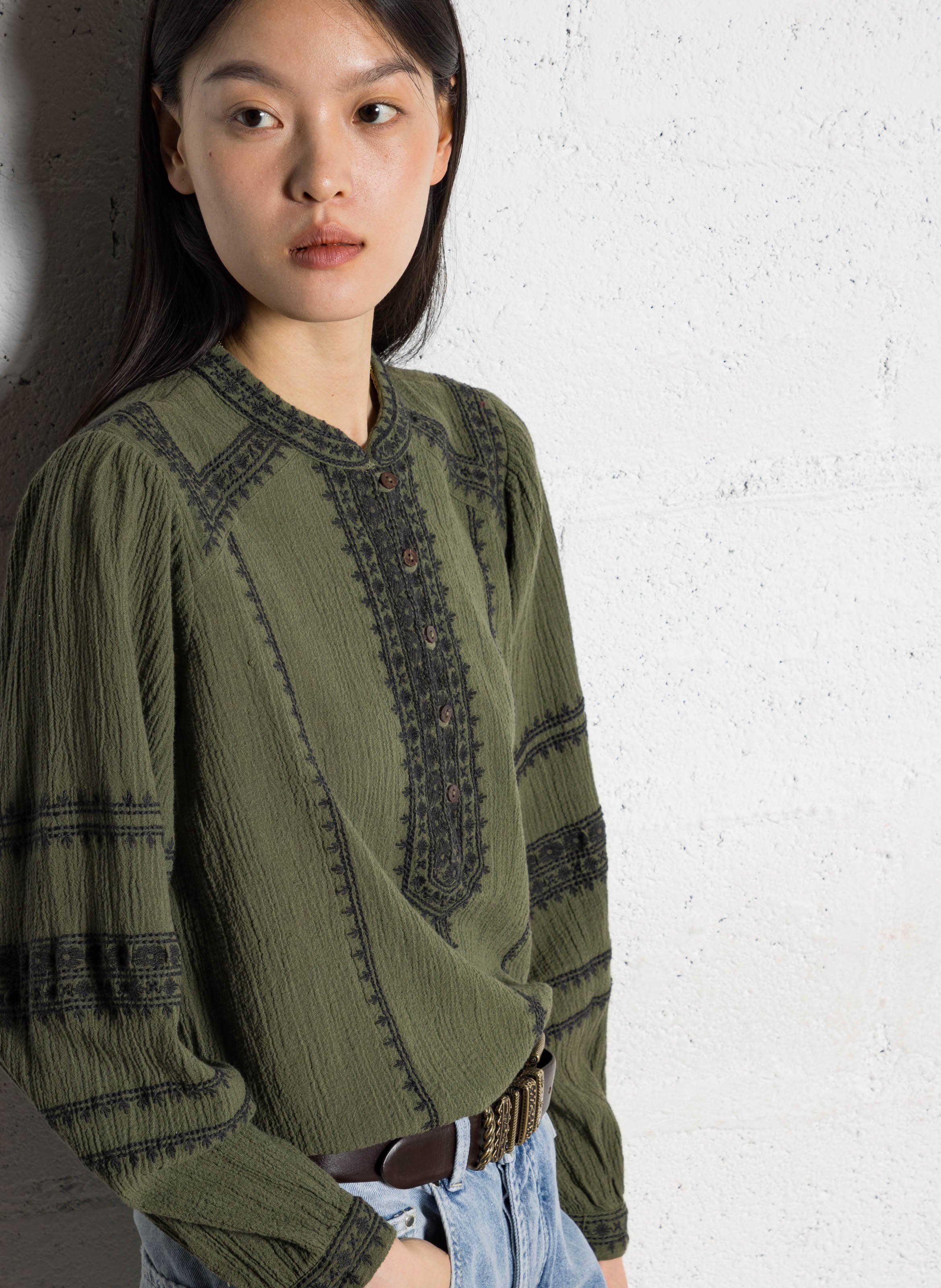 Round neck blouse with embroidered details MAISON HOTEL Green