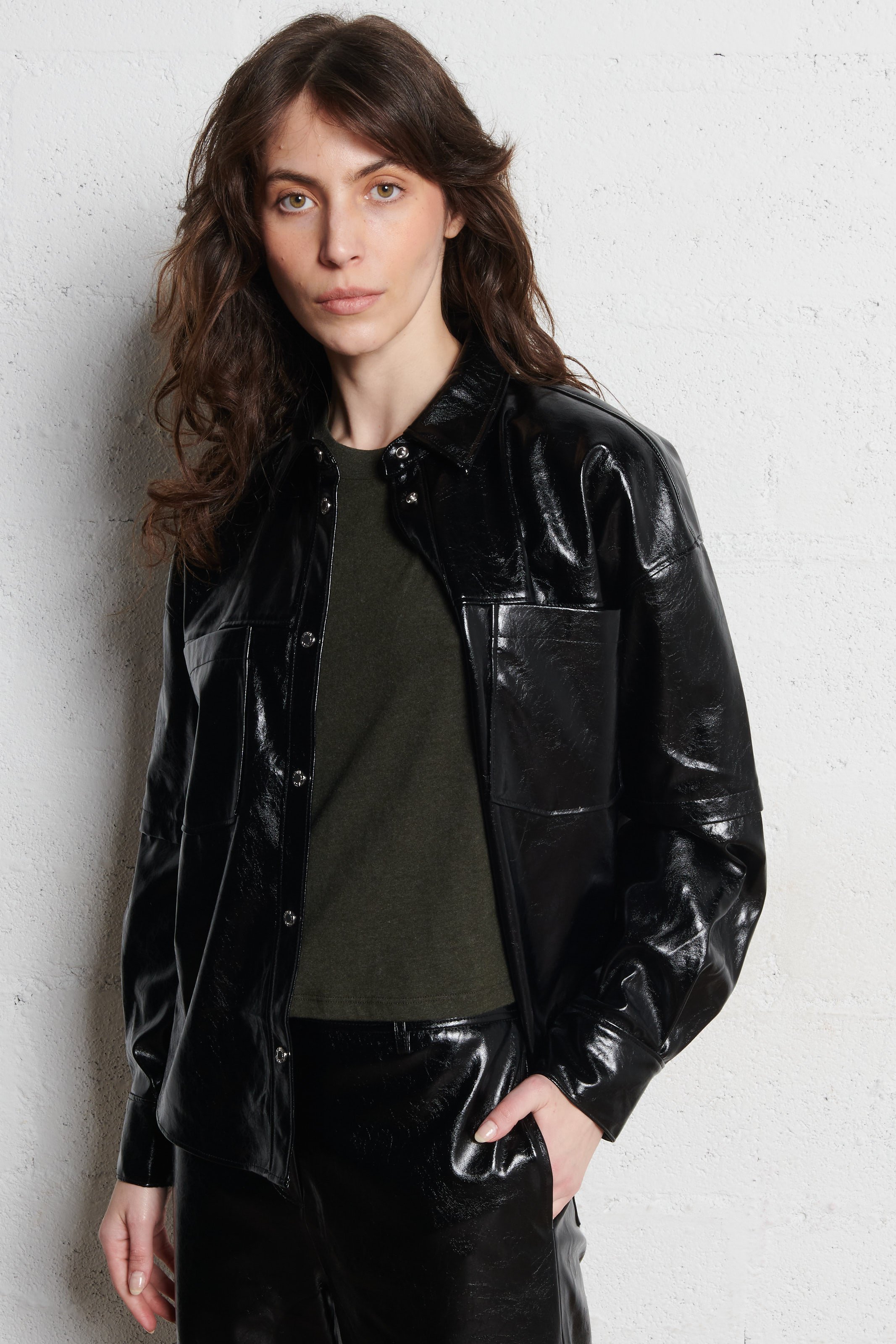 Straight overshirt with classic coated collar BERENICE Black