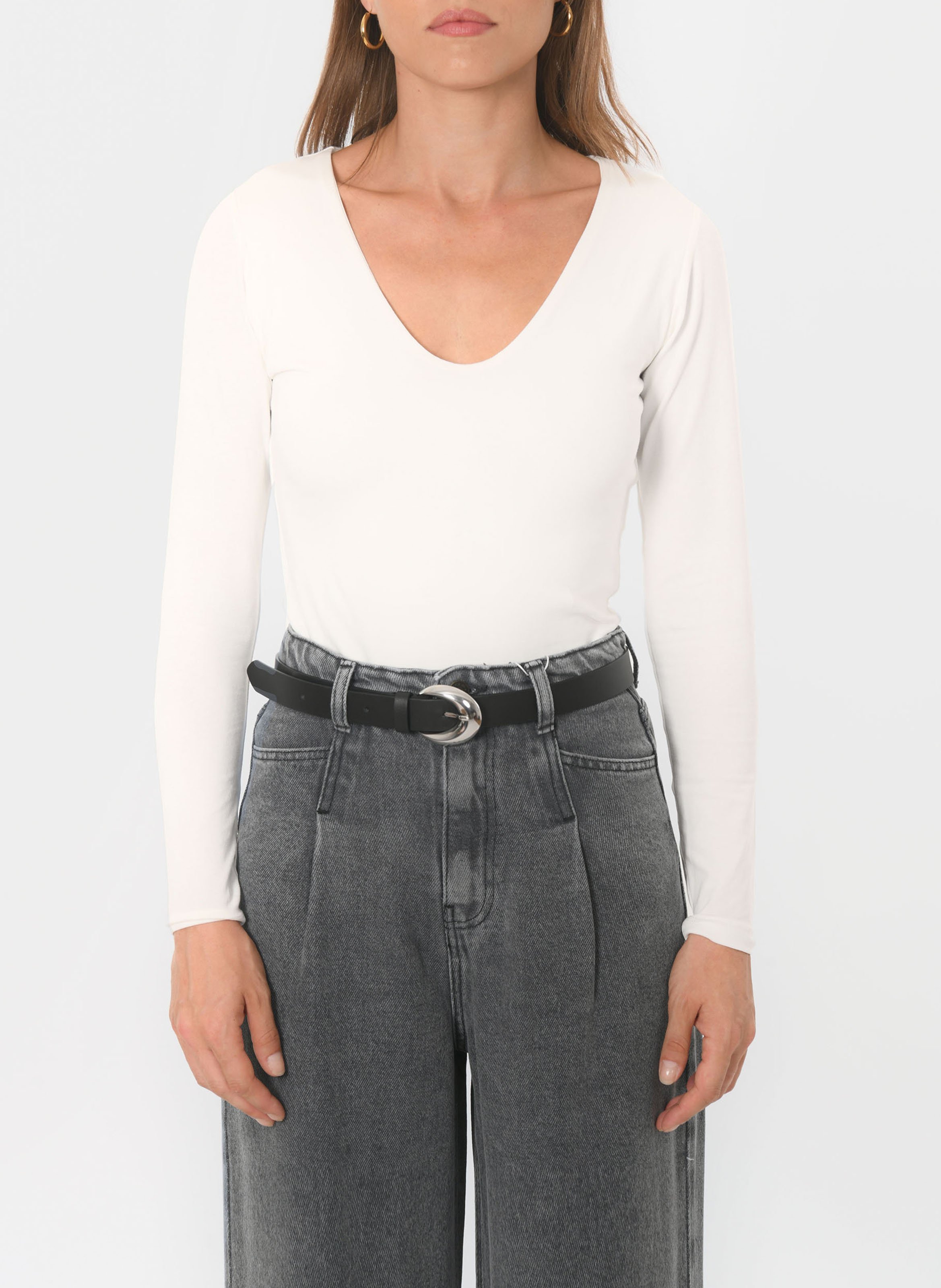 Tee-shirt moulant col V en coton mélangé KOOKAI Blanc