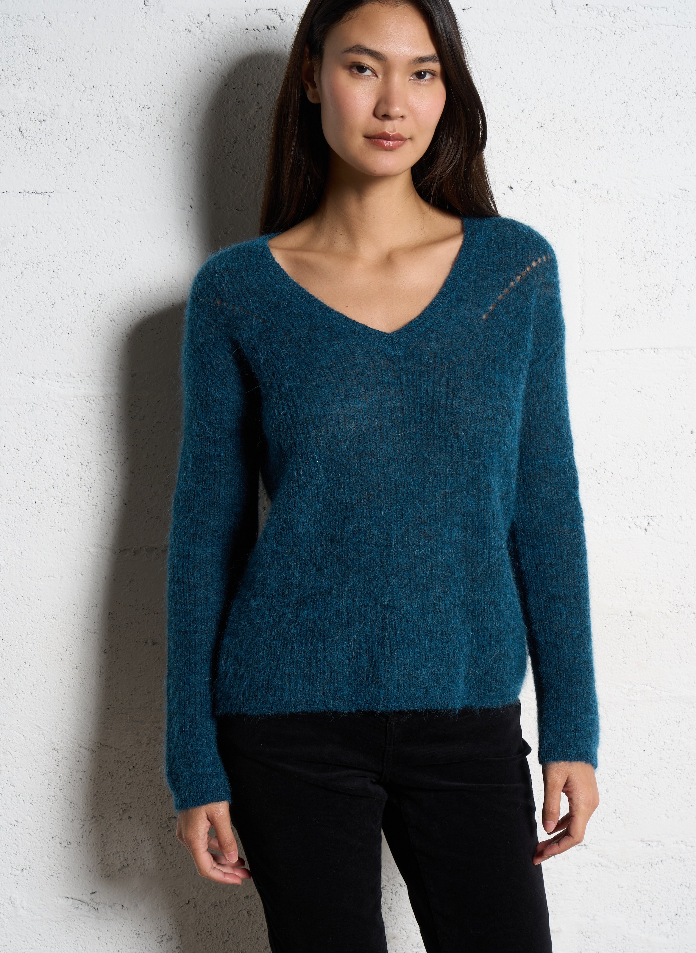 Pull droit col V en laine mélangée SUD EXPRESS Bleu