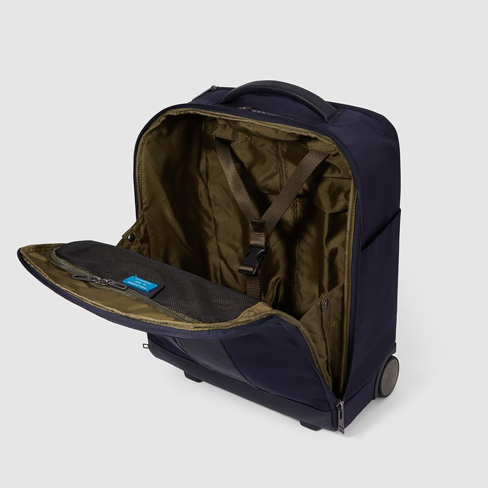 Under-seat trolley suitcase with 2 wheels in recycled fabric with TSA lock PIQUADRO Blue