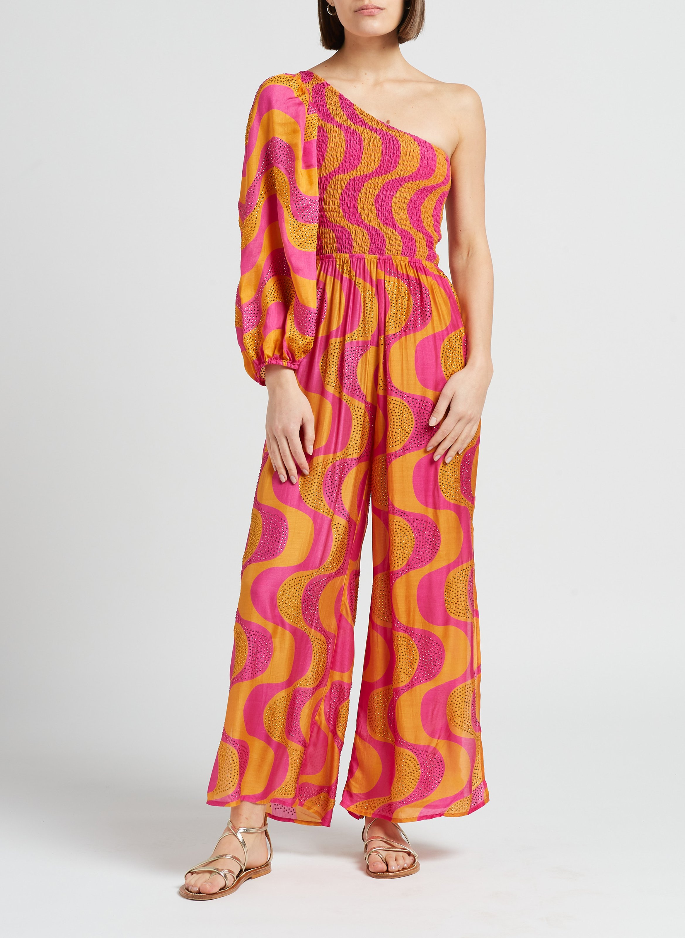 Asymmetric jumpsuit with rhinestones SUNDRESS Orange