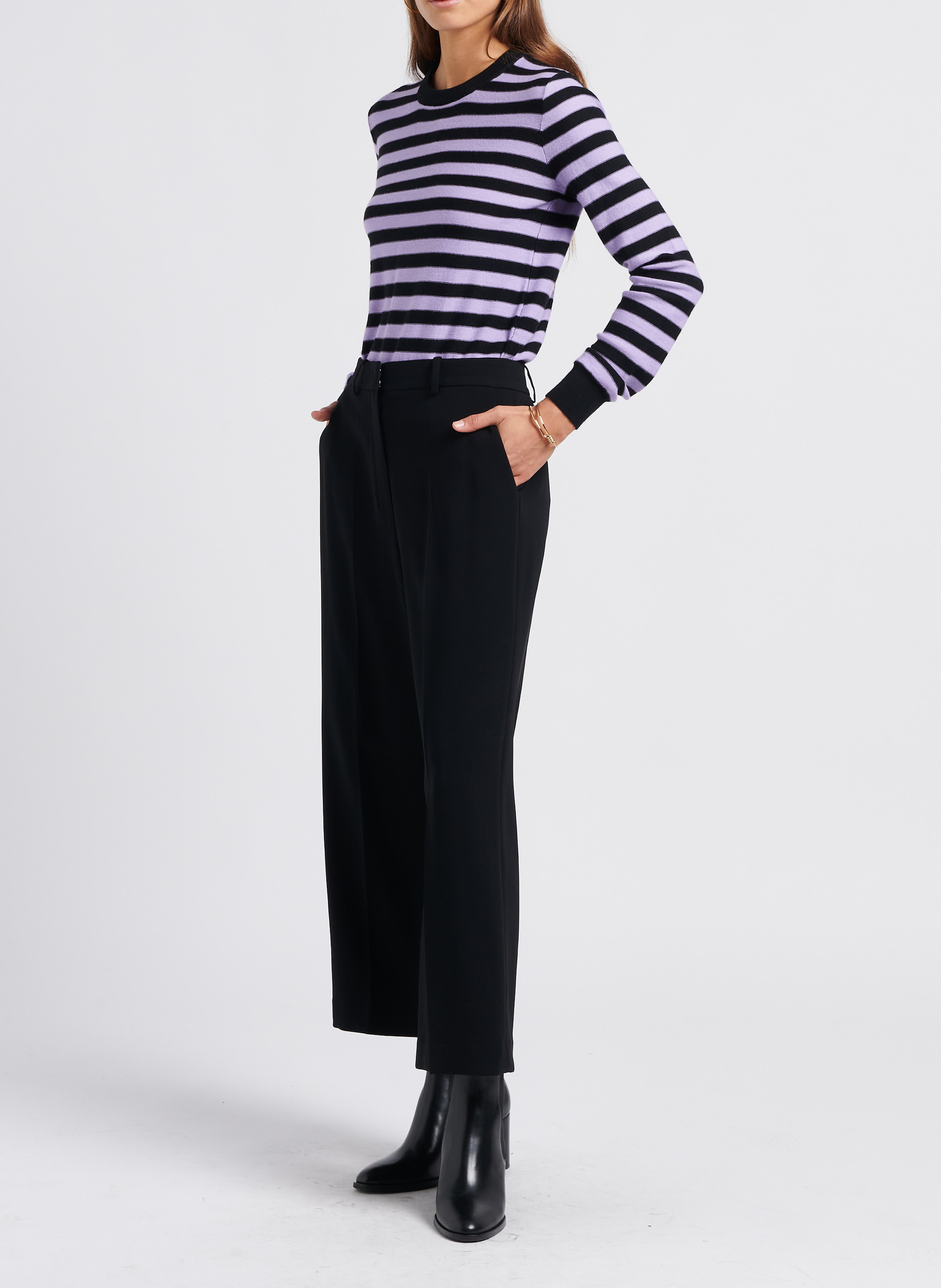 Pull col rond rayé en laine SONIA RYKIEL Noir