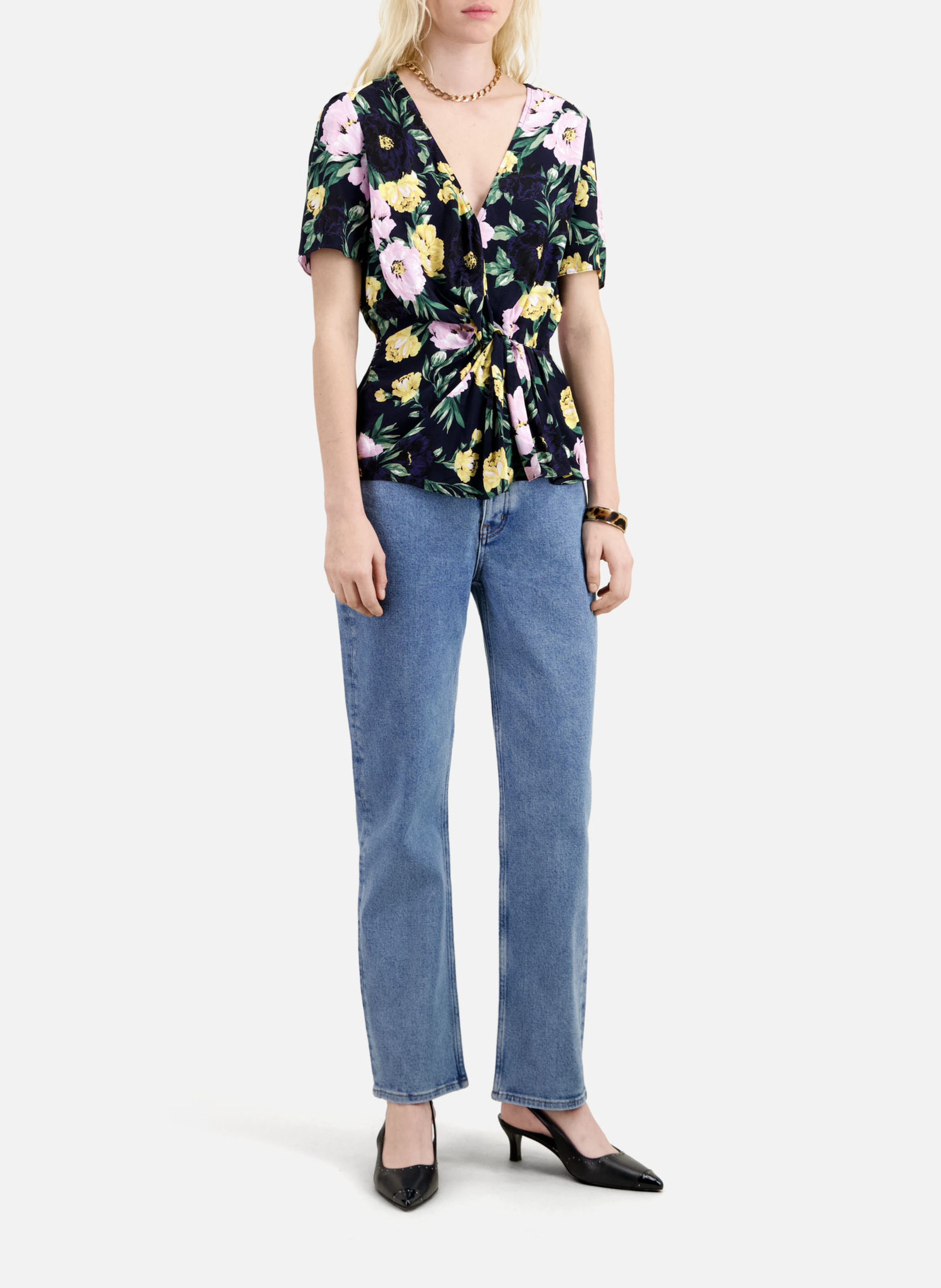 Draped V-neck floral jacquard top THE KOOPLES Multicolored