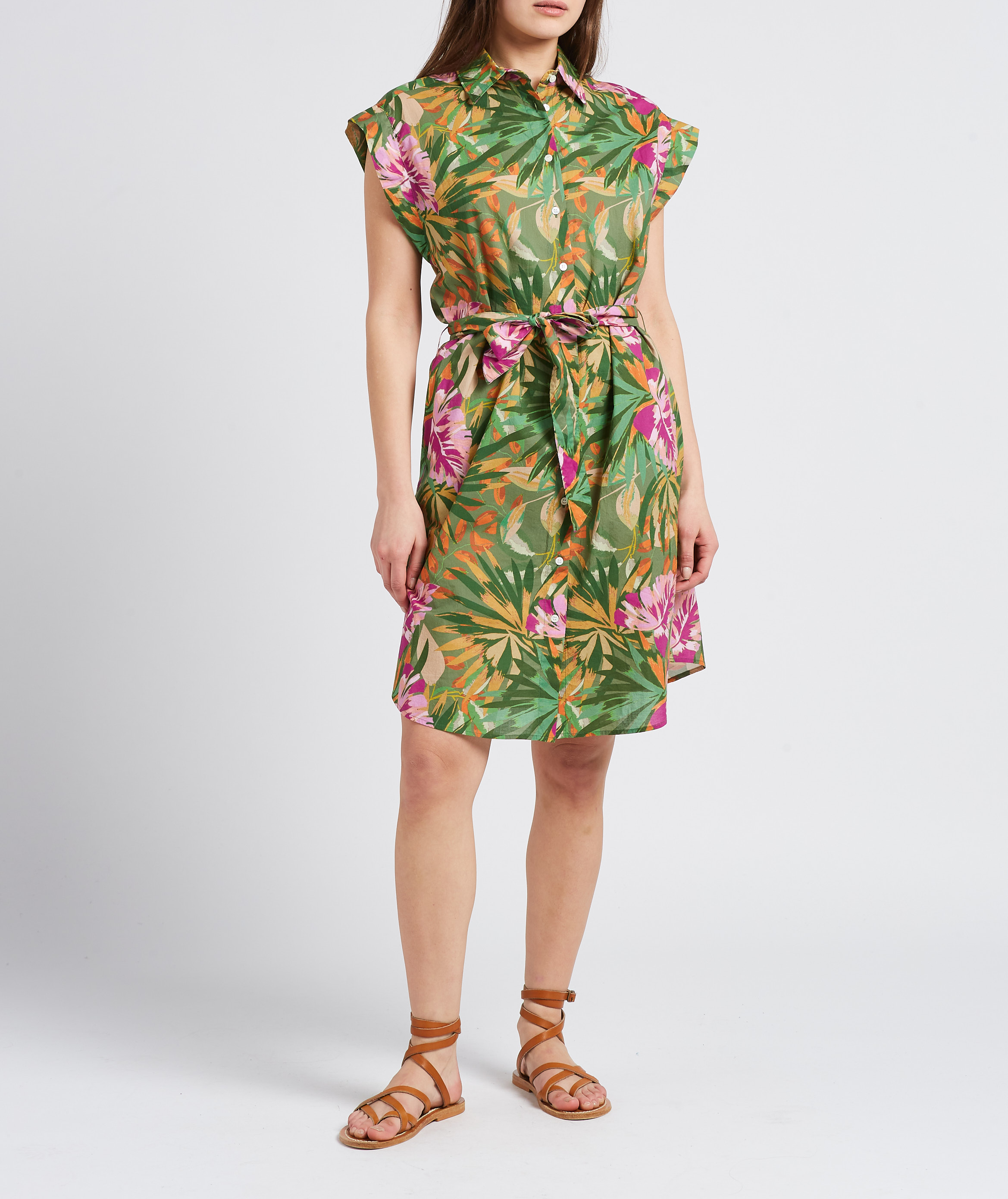 Leaf print belted cotton belted midi dress HARTFORD Green