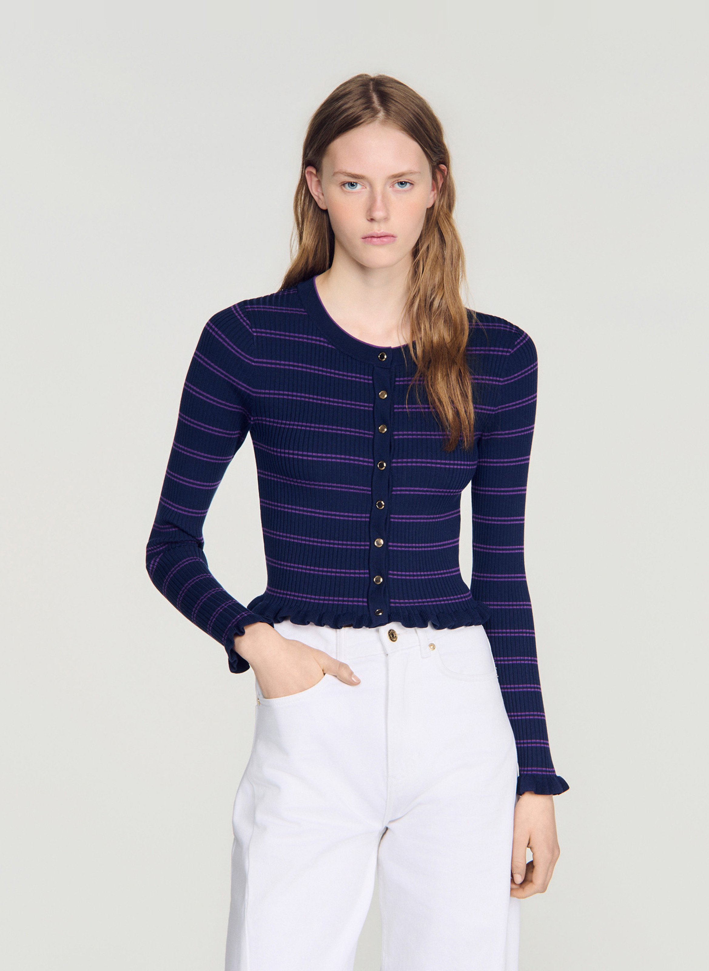 Getailleerde gestreepte gilet met ruches SANDRO Blauw