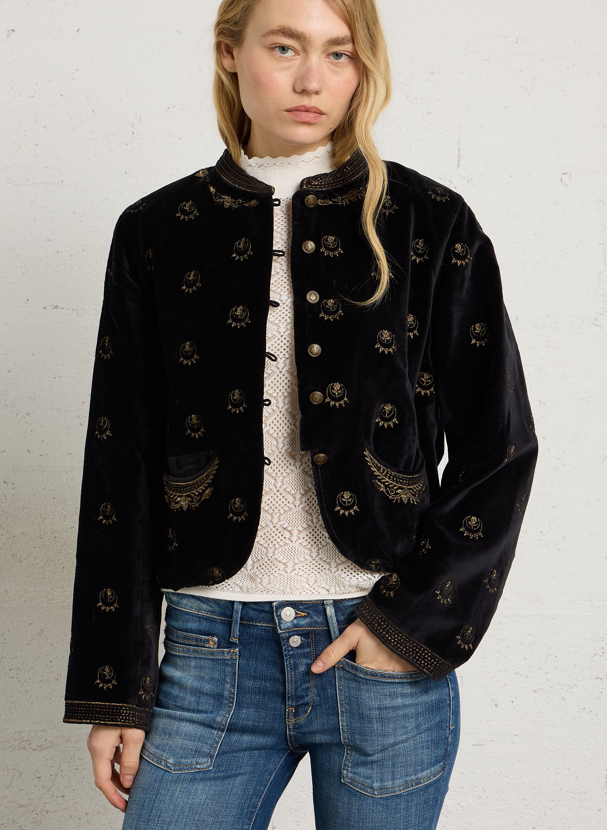 Straight embroidered cotton velvet jacket MAISON HOTEL Black