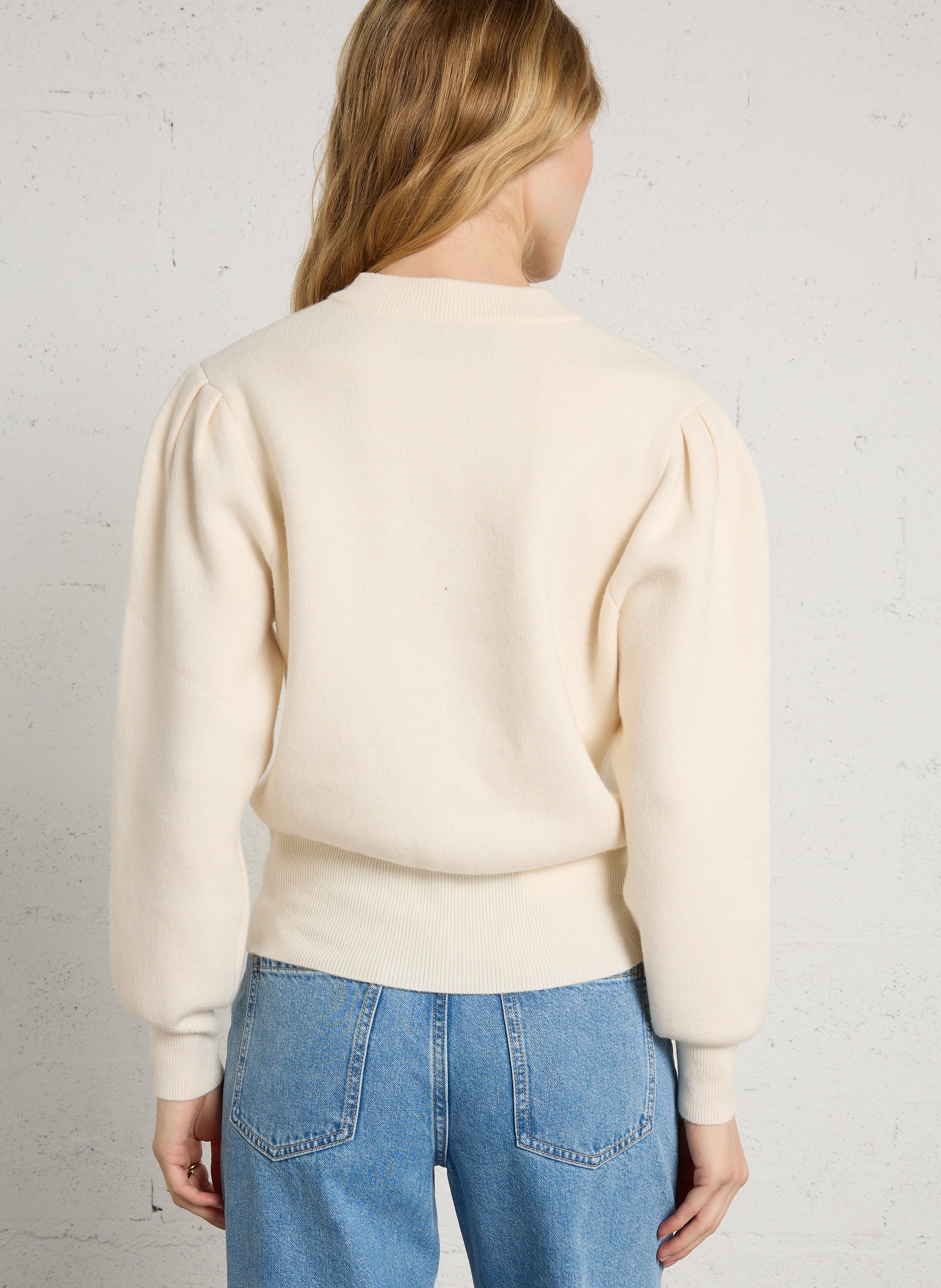 Pull droit col rond brodé en laine BERENICE Blanc
