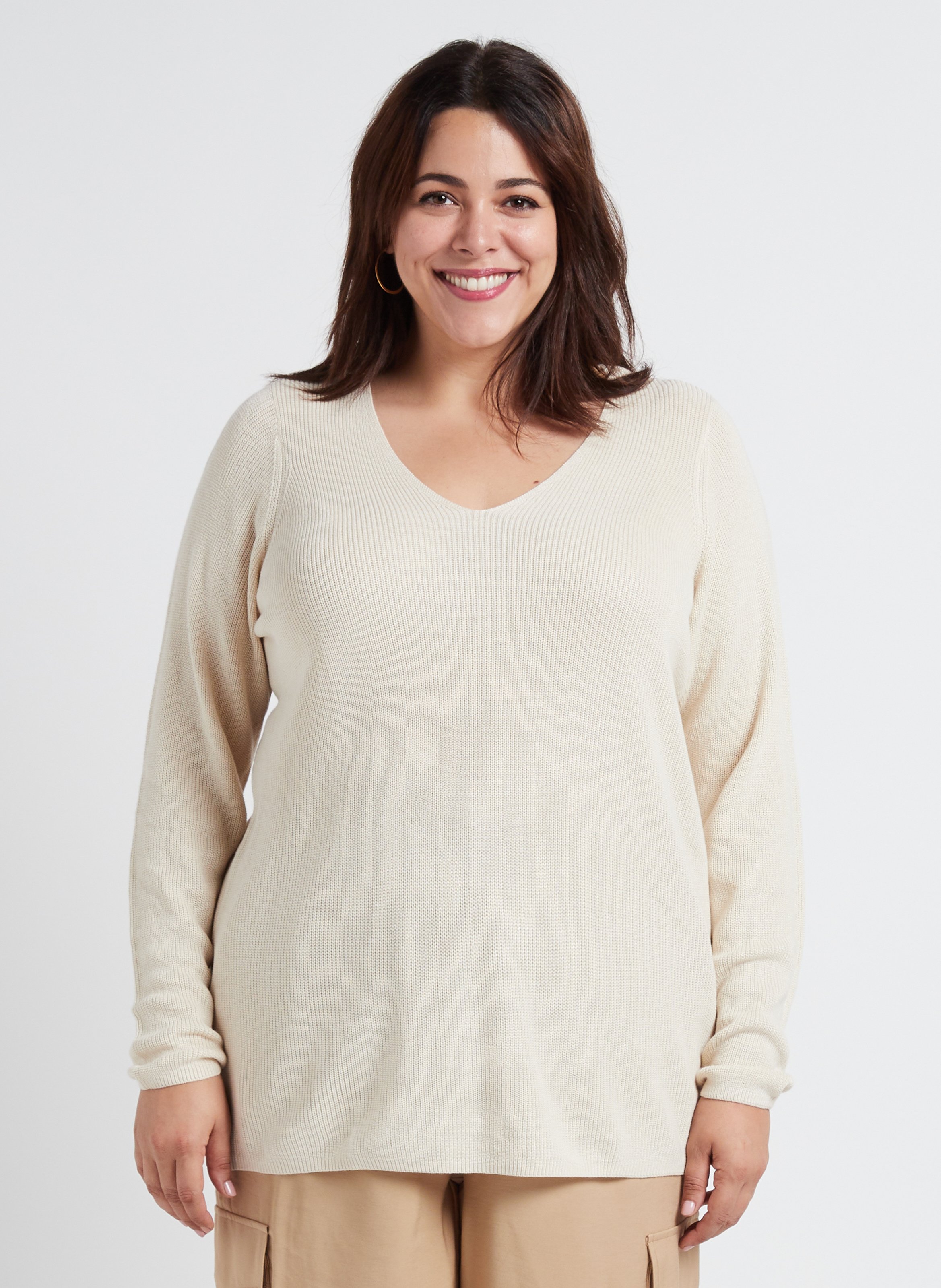 Straight V-neck sweater VERO MODA CURVE Beige