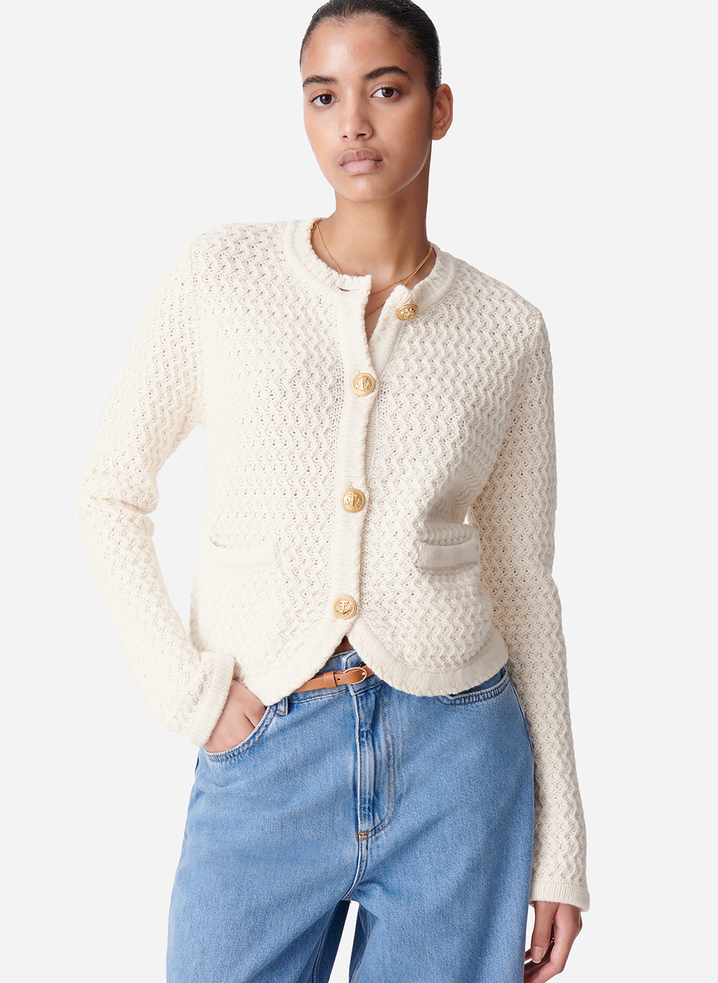 Straight Cardigan In Wool And Cotton Blend Ecru Vanessa Bruno - Women -  4HVC07-V03365-003-ECRU | Place des Tendances - Europe