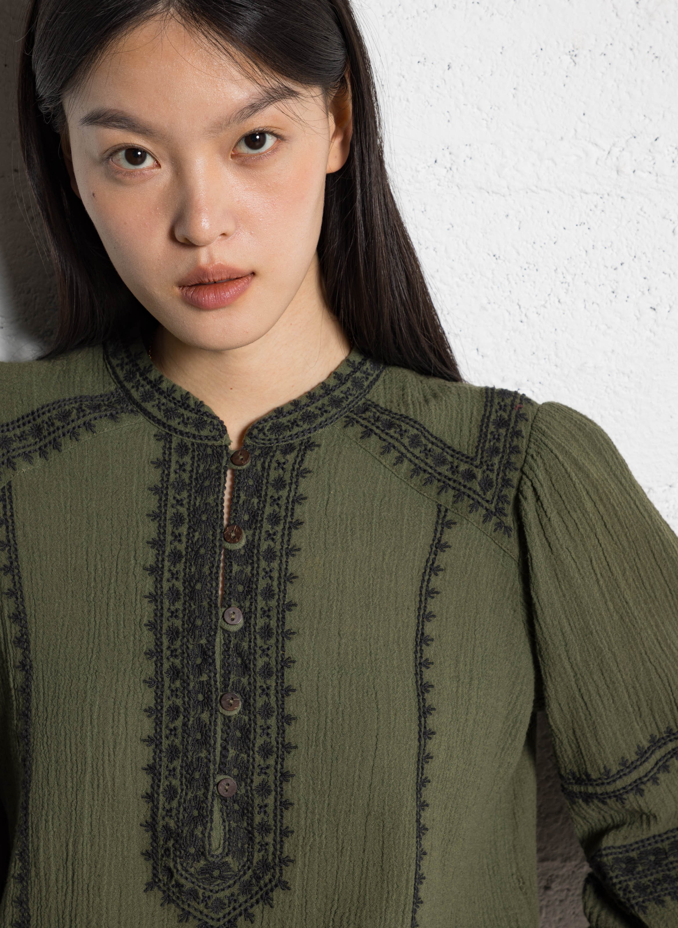 Round neck blouse with embroidered details MAISON HOTEL Green
