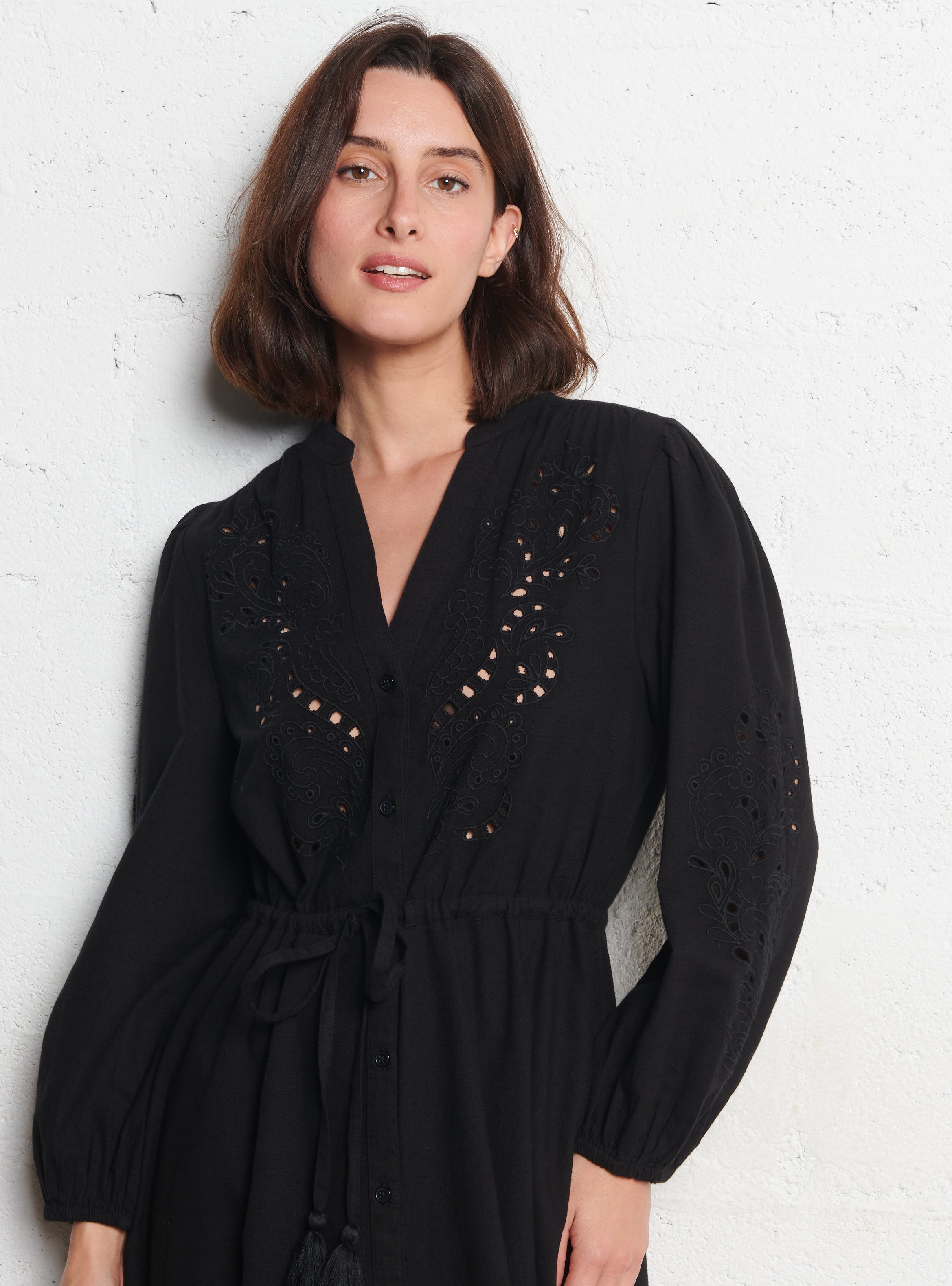 Robe longue oversize en coton brodé MAISON 123 Noir