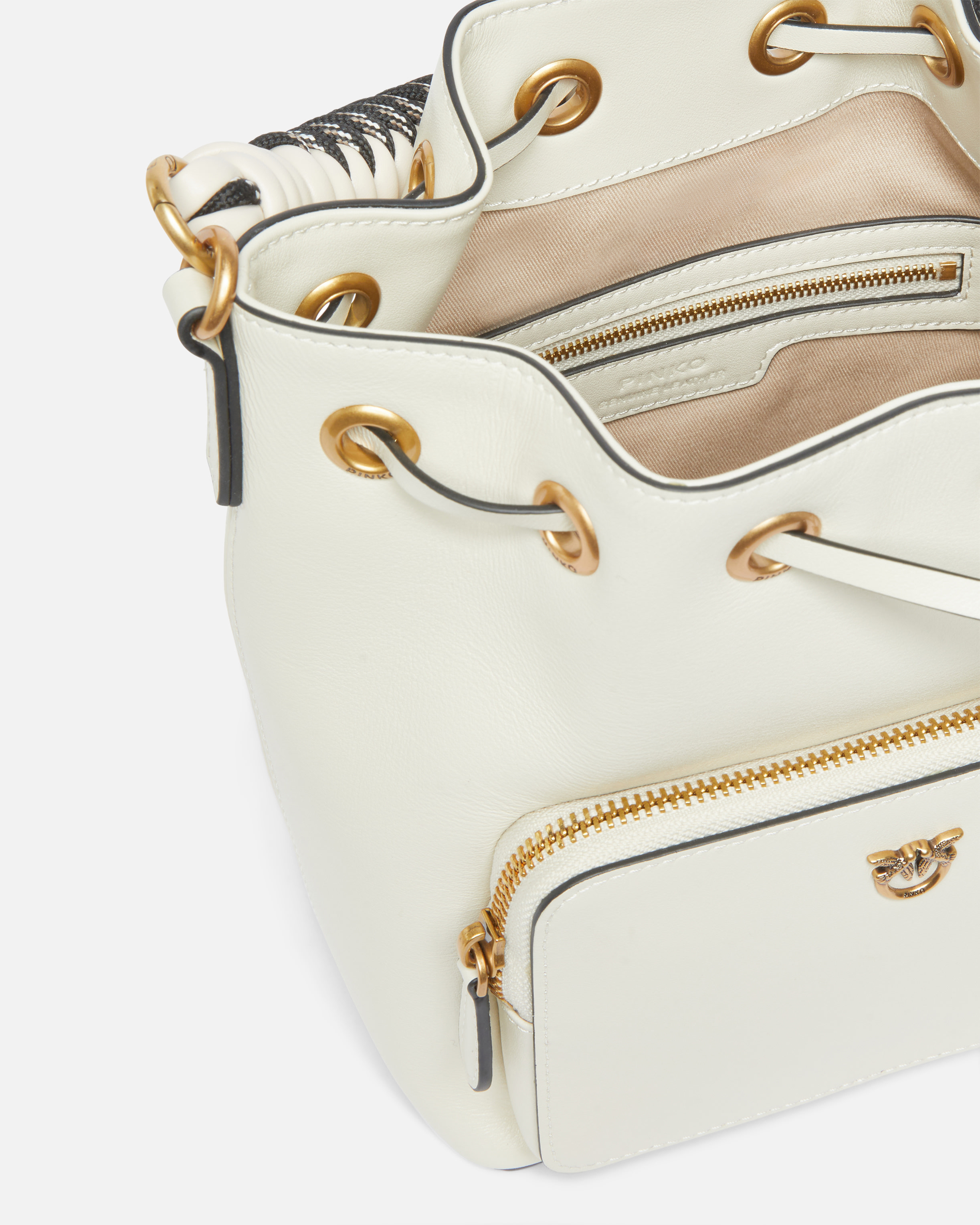 Small leather cargo bucket bag with lacing detail PINKO White