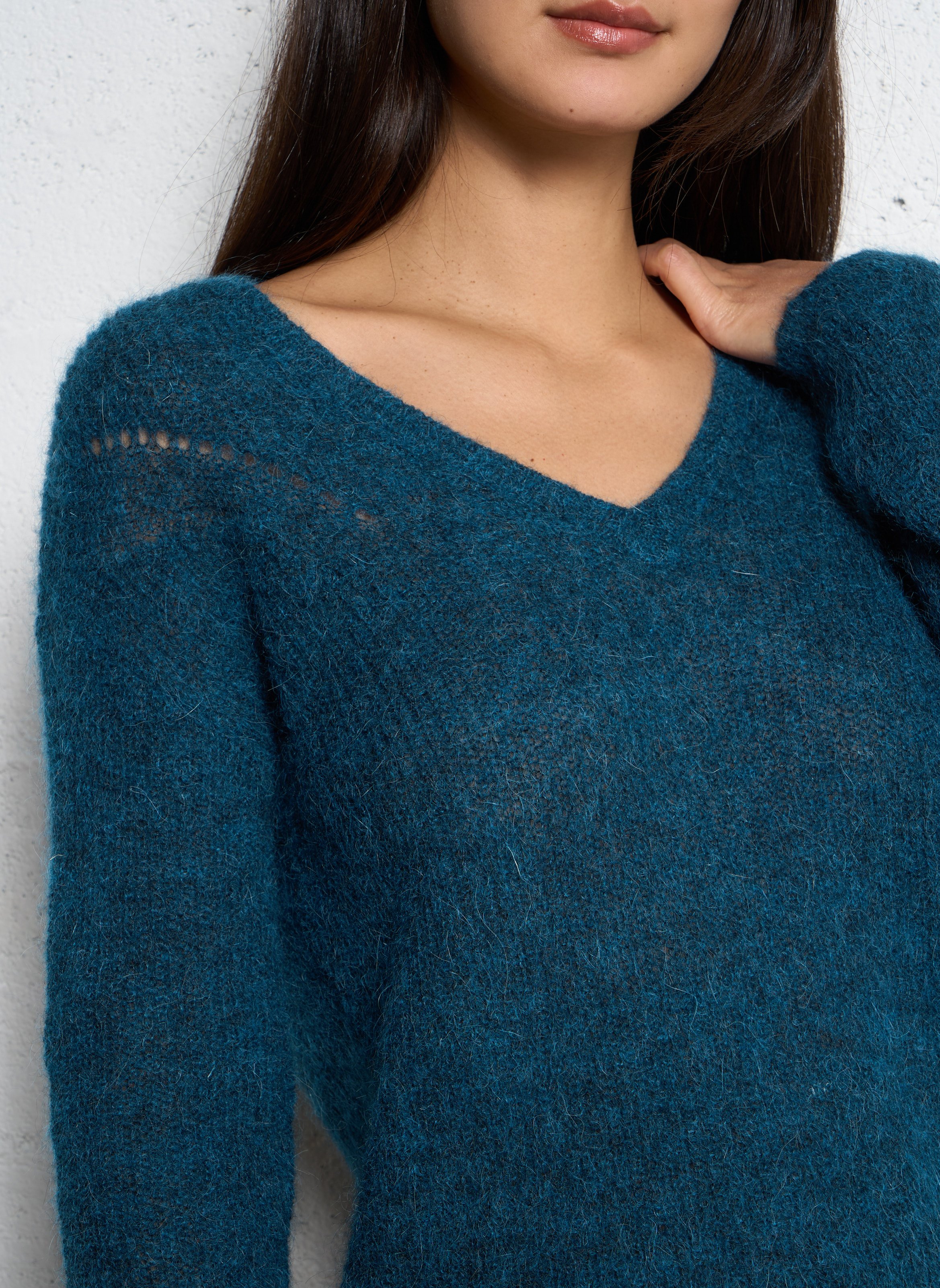 Pull droit col V en laine mélangée SUD EXPRESS Bleu