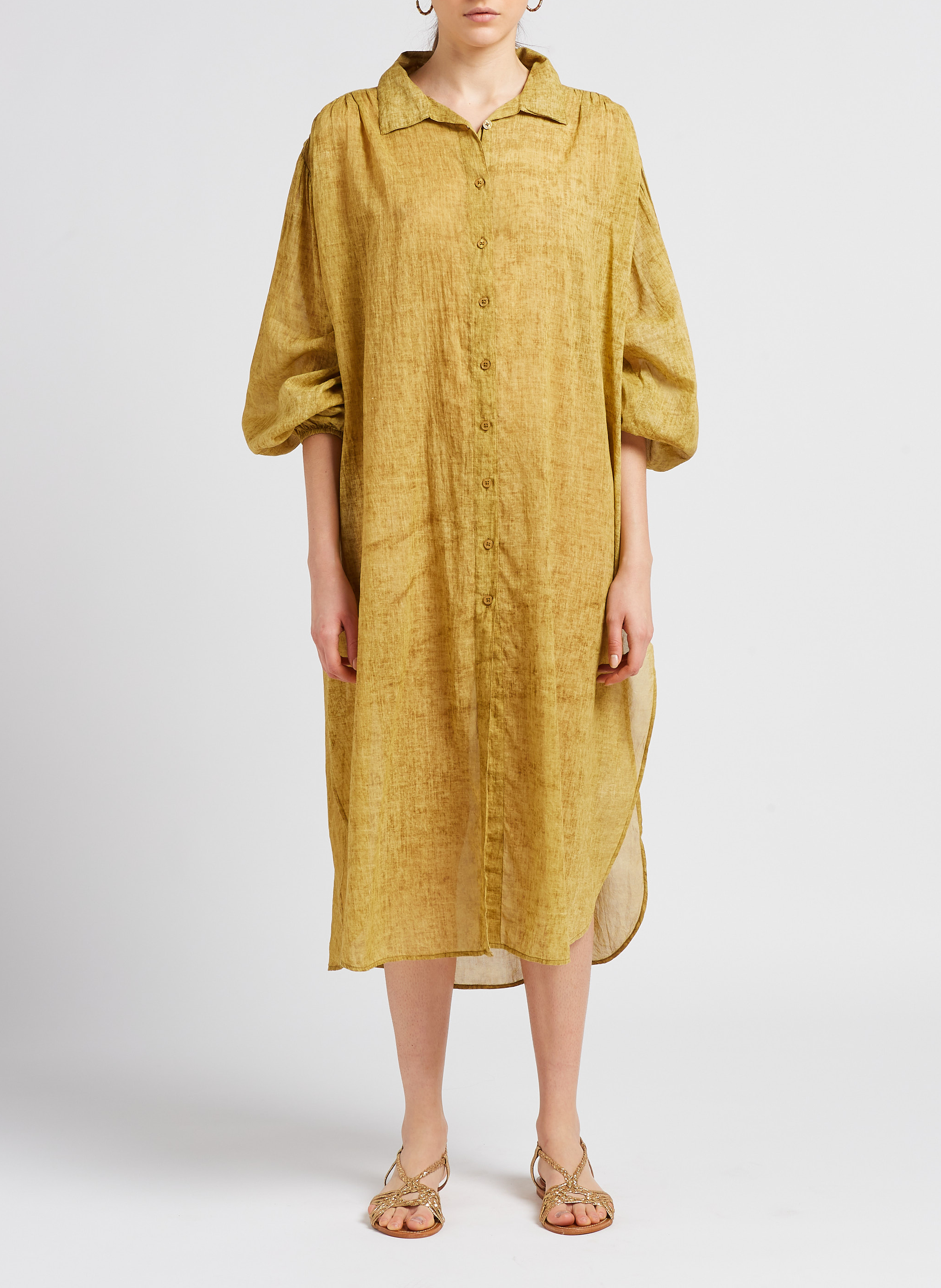 Lange, katoenen jurk met klassieke kraag MES DEMOISELLES Bruin