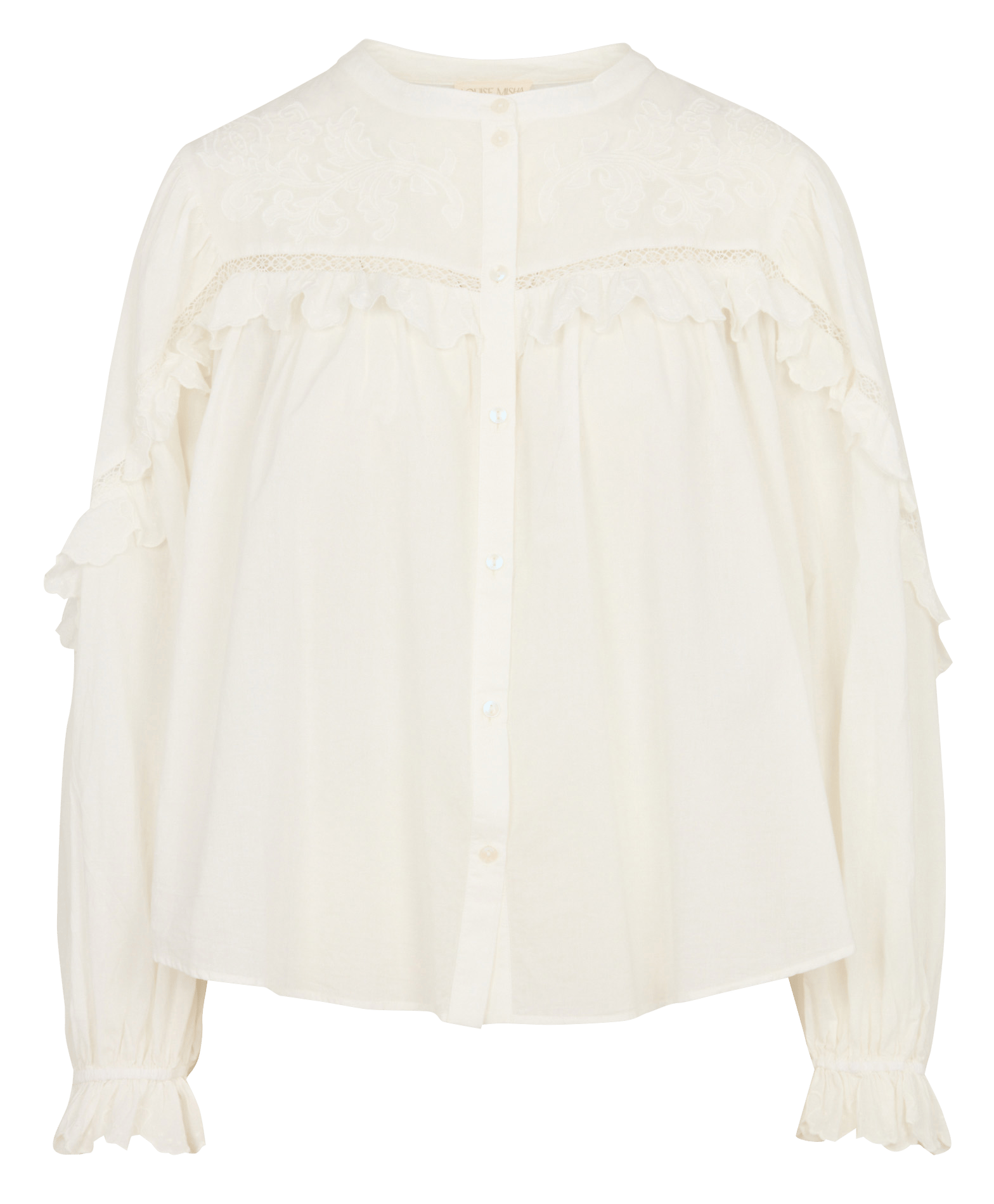 Bluse mit Rundhalsausschnitt, Rüschen und Stickereien LOUISE MISHA Weiss