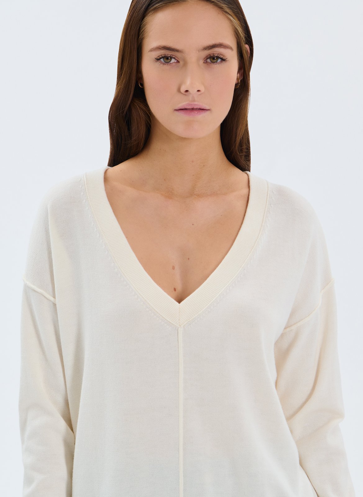 Pull droit col V uni ZAPA Blanc