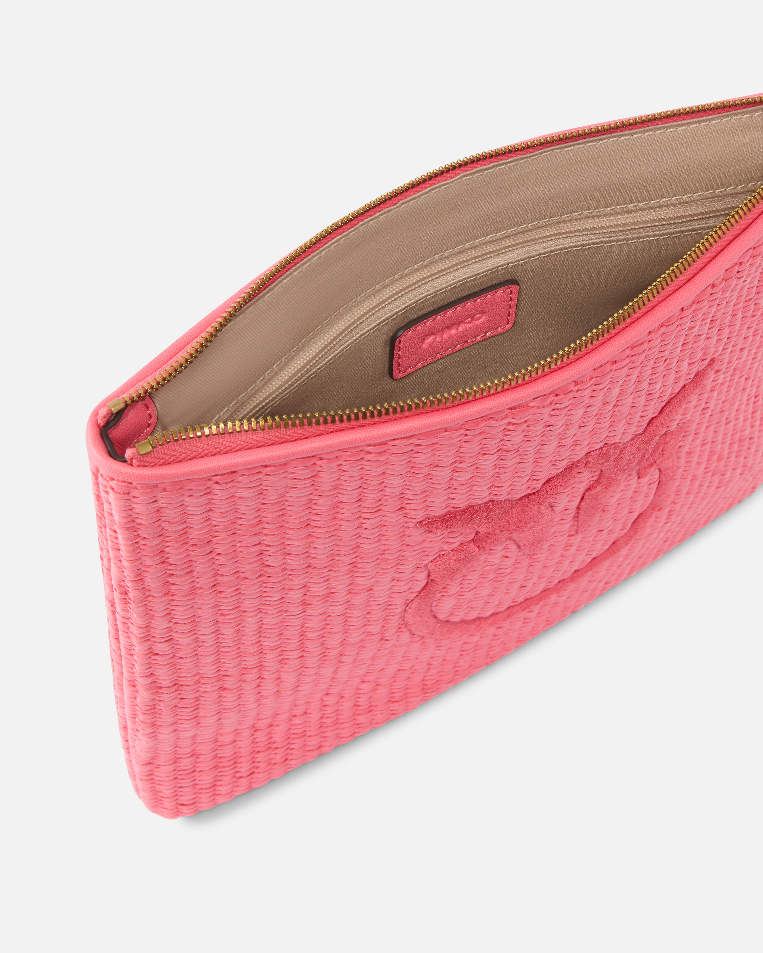 Raffia clutch with love birds logo PINKO Pink