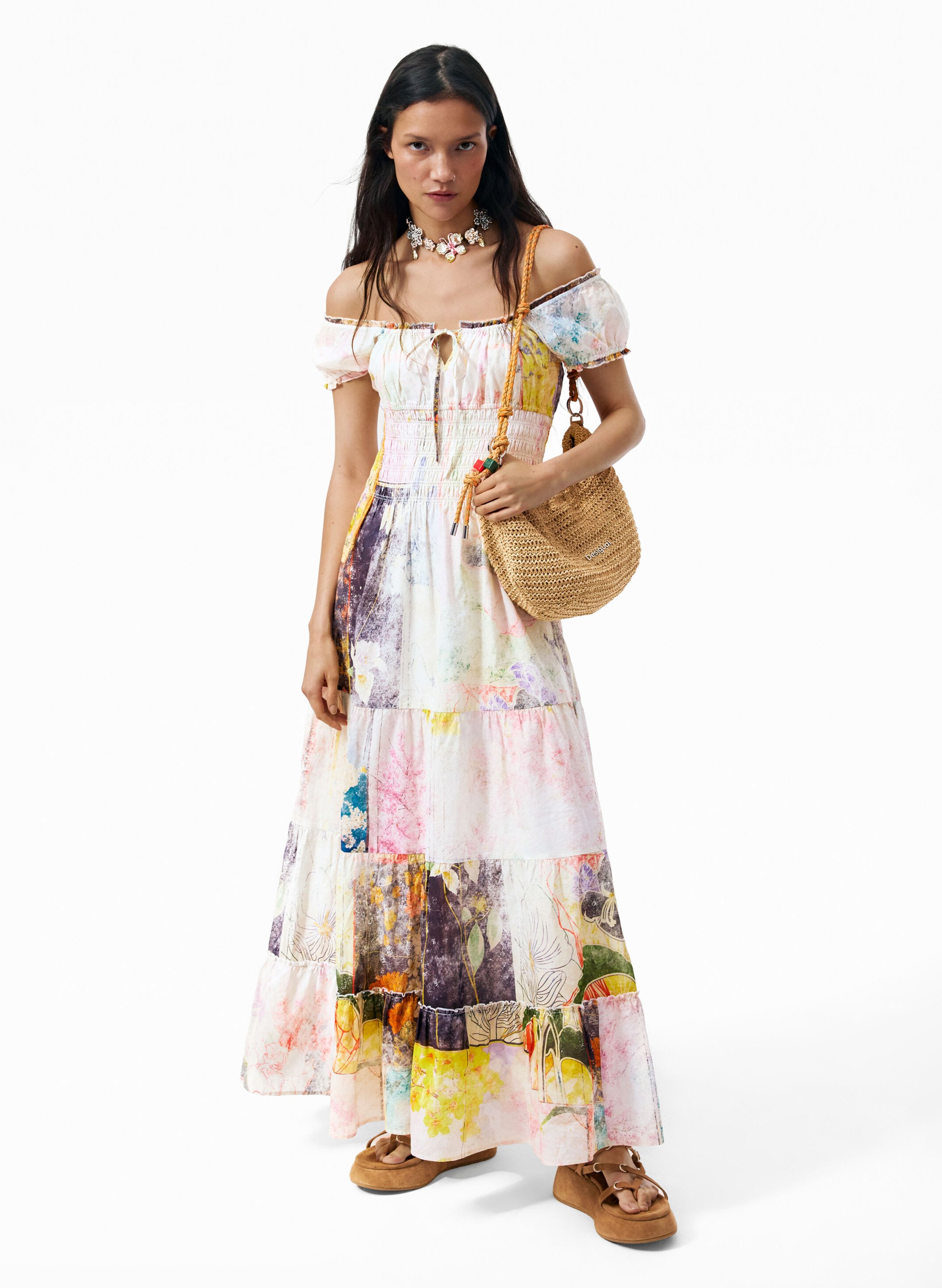 Robe longue col carré en coton DESIGUAL Multicolore