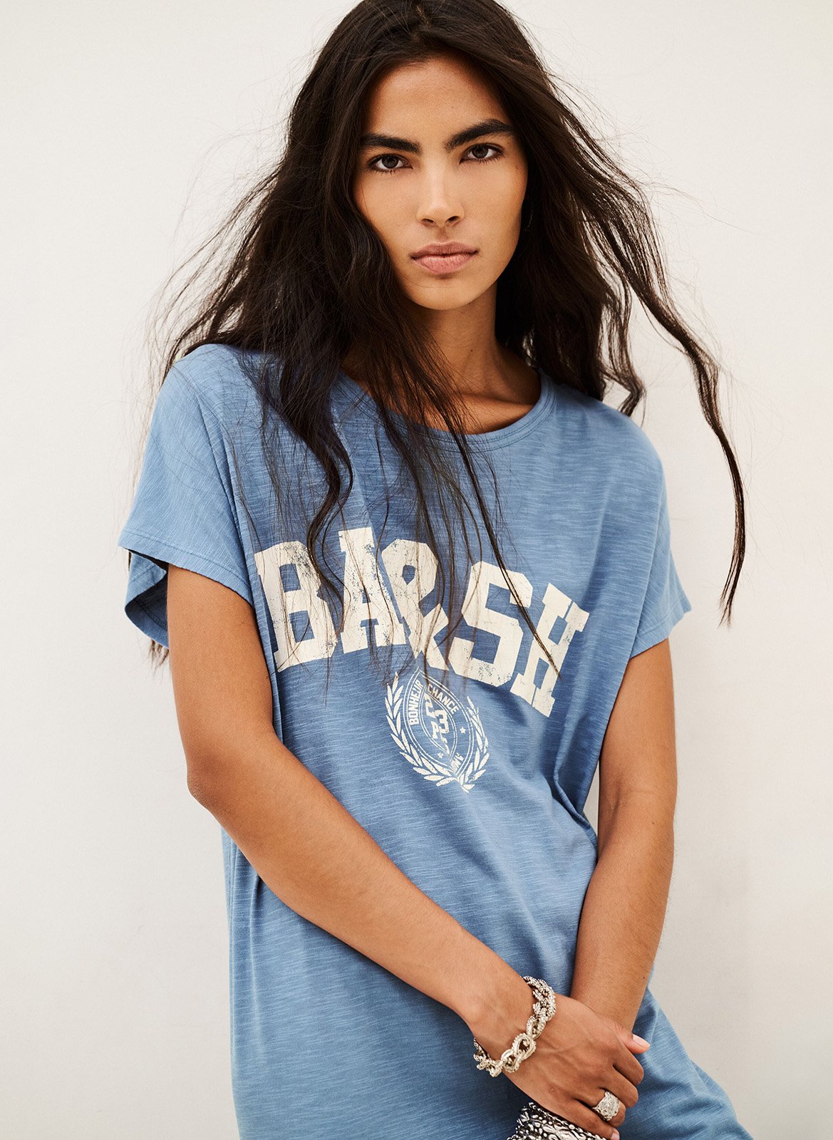 Robe midi imprimée col rond  | Bleu BA&SH Femme