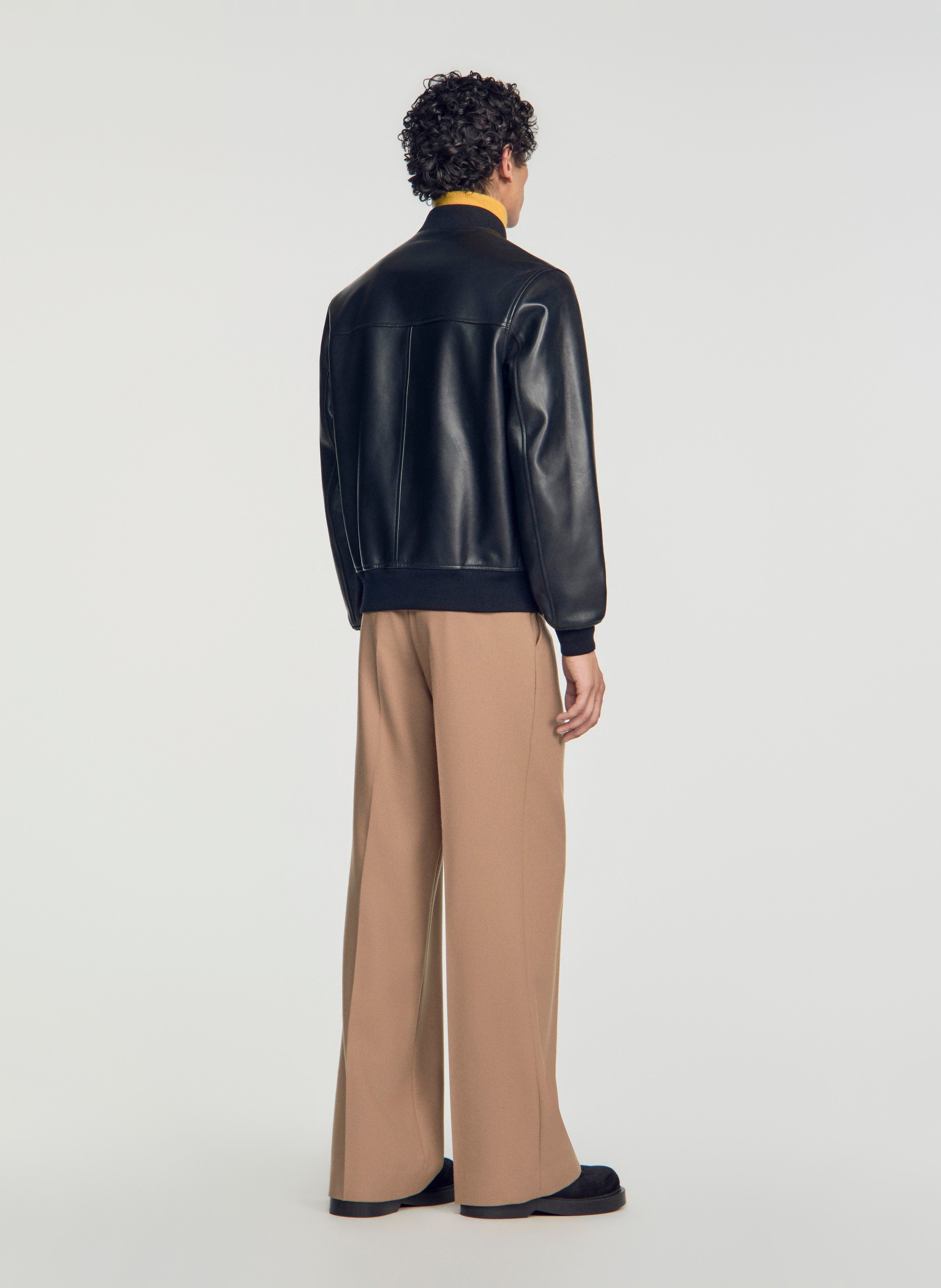 Blouson col teddy en cuir SANDRO Noir