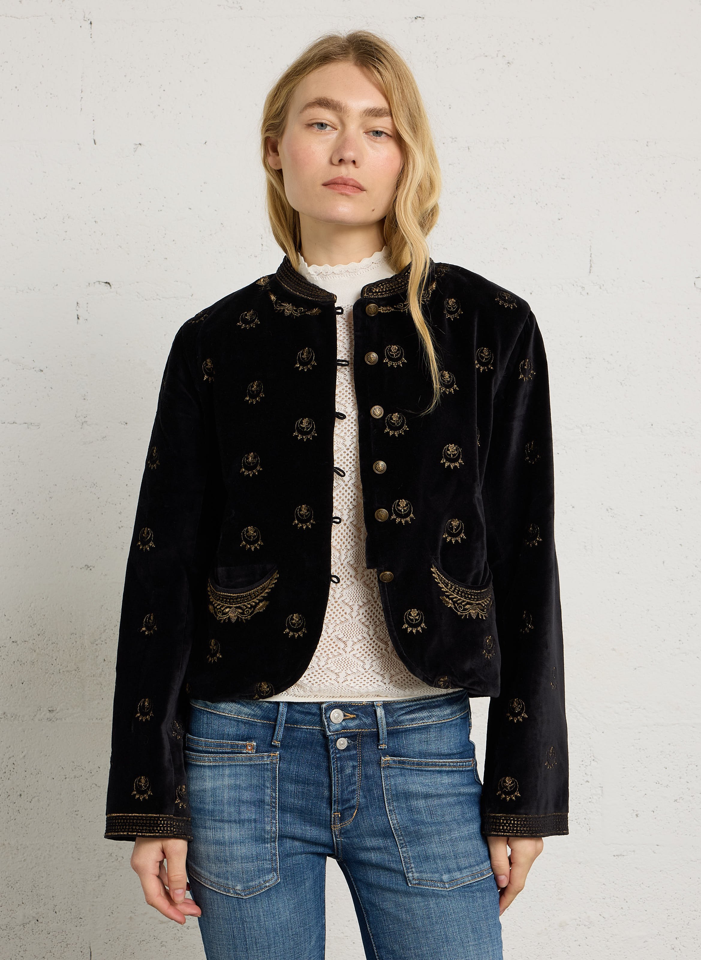 Straight embroidered cotton velvet jacket MAISON HOTEL Black