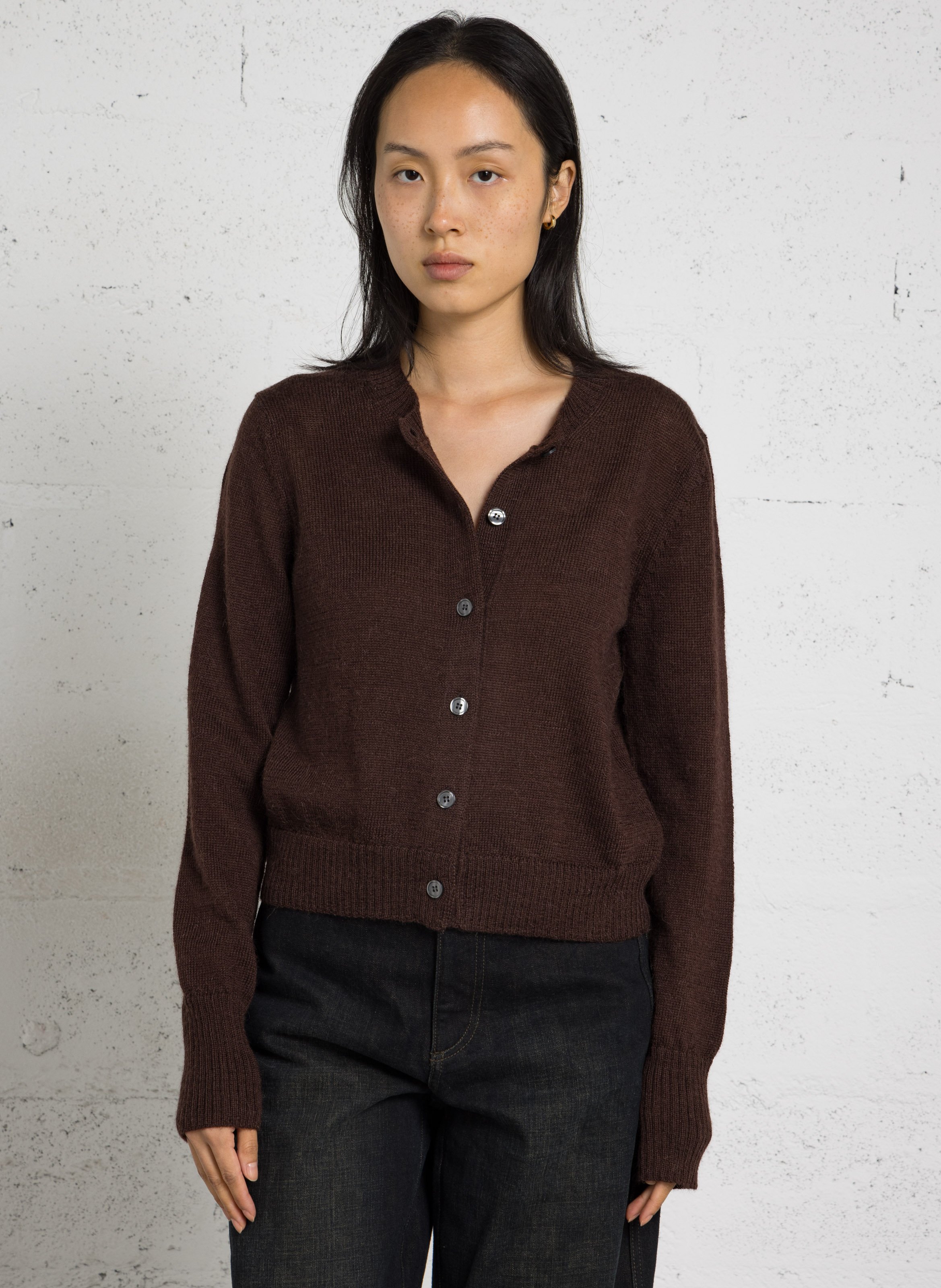 Gilet droit col rond en laine mérinos et alpaga SOEUR Marron