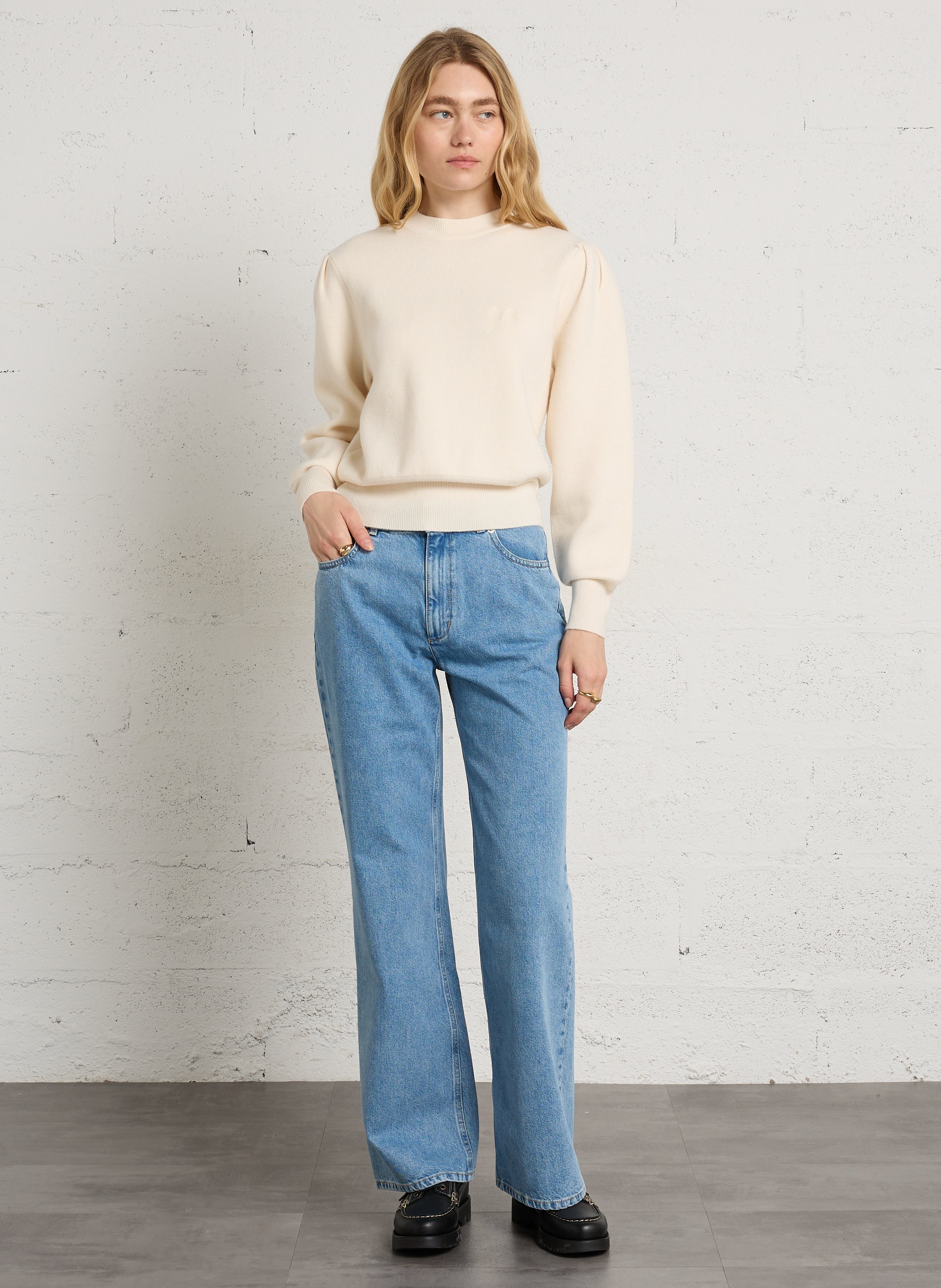 Pull droit col rond brodé en laine BERENICE Blanc