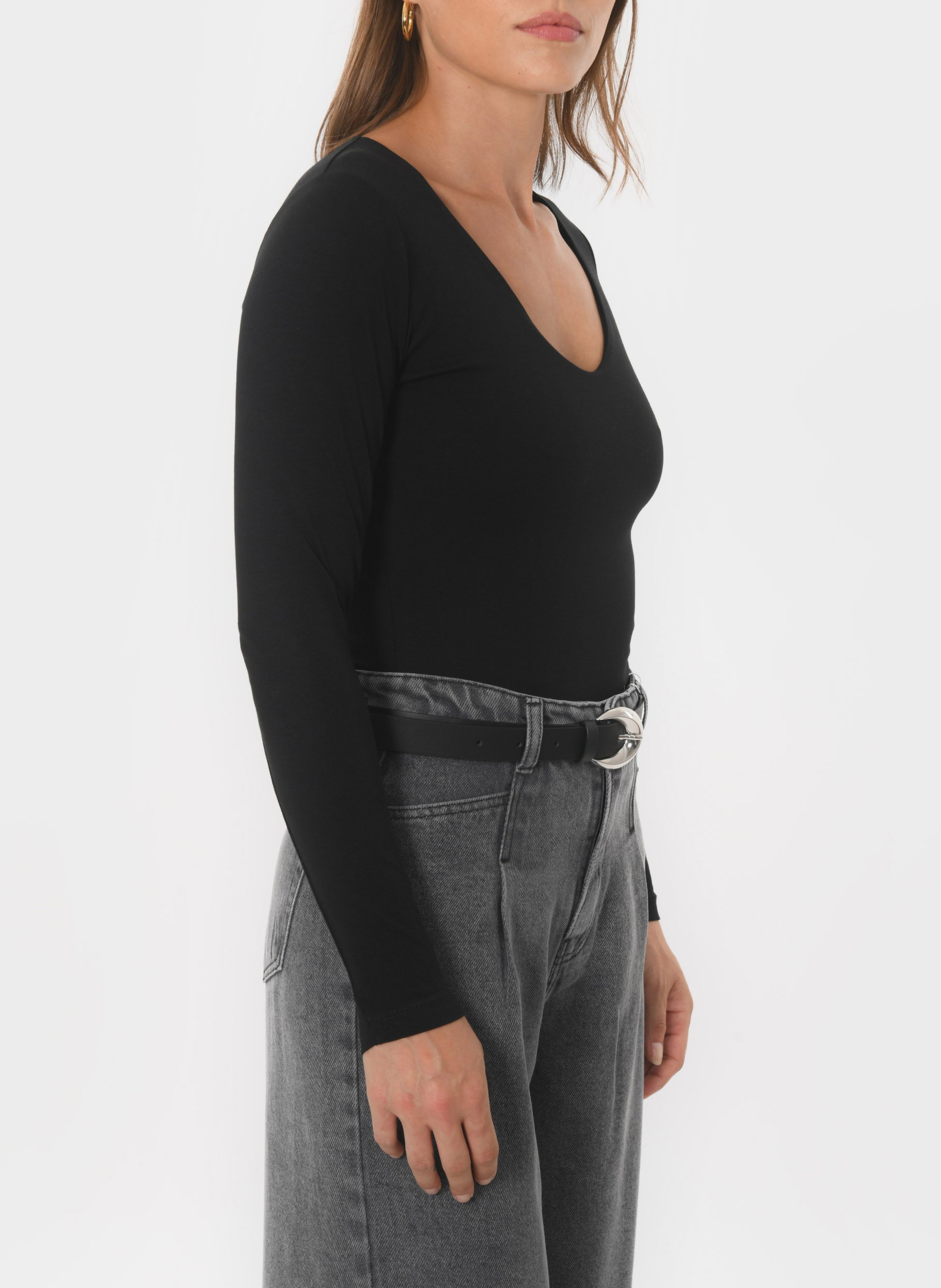 Tee-shirt moulant col V en coton mélangé KOOKAI Noir